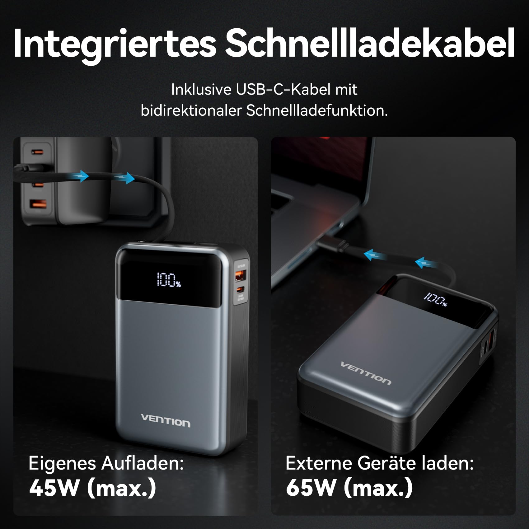 VENTION 65W 20000mAh Laptop Power Bank Schnellladung, Tragbarer Akku mit LED-Digitalanzeige, USB-C Power Bank für Laptops, iPad, MacBook, iPhone 16, 15, 14, Samsung S24, S23 usw