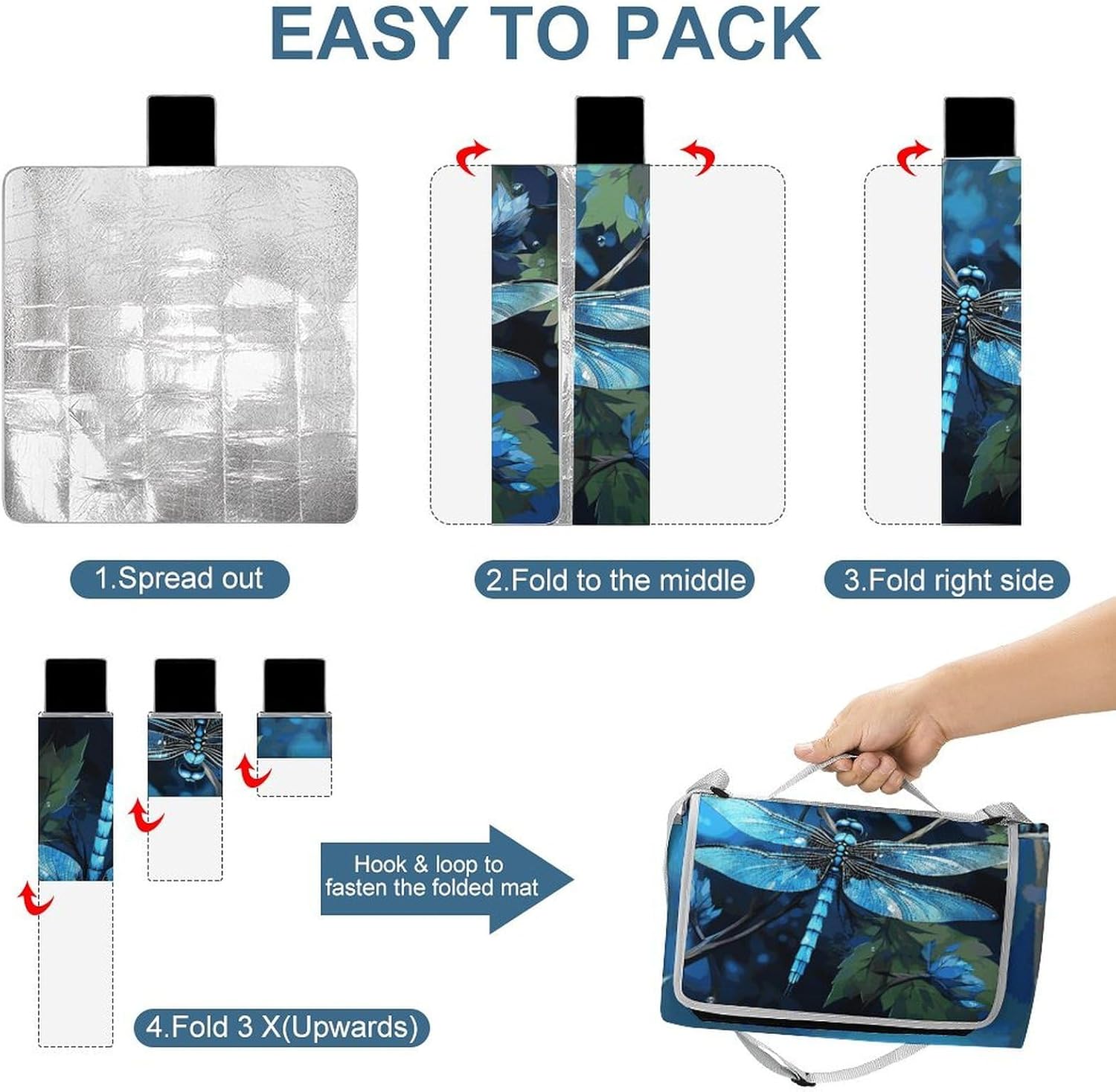 Art Blue Dragonfly Waterproof Picnic Blanket 58.3''x58.3'',Portable and Foldable Picnic Mat with Handle,Outdoor Blankets for Lawn Park Beach Travel