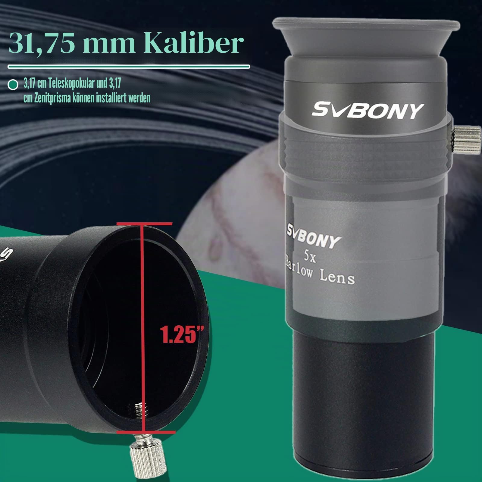 Svbony Barlowlinse 5X, 1,25 Zoll Metall Barlow Full Multi Coated Teleskop Okular Zubehör für Planetenbeobachtung und Astrofotografie
