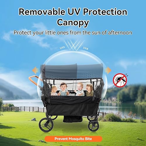 Miniatura 4 de Cochecito para 4 niños sentados en tándem plegable carrito de viaje ligero con arnés de 5 puntos, mango ajustable y dosel, mosquitera, huecos,