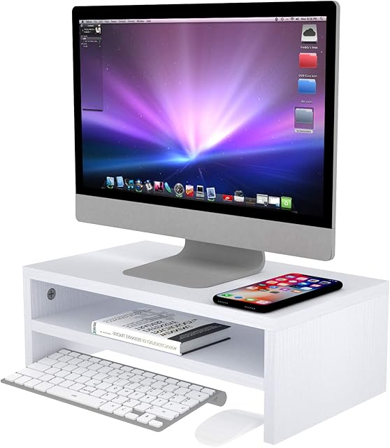 Wood Monitor Stand Riser, Astoryou 2 Tiers White Monitor Stand for Desk, Versatile Computer Stand Monitor Riser for PC Laptop Notebok Printer TV, 16.5 Inch