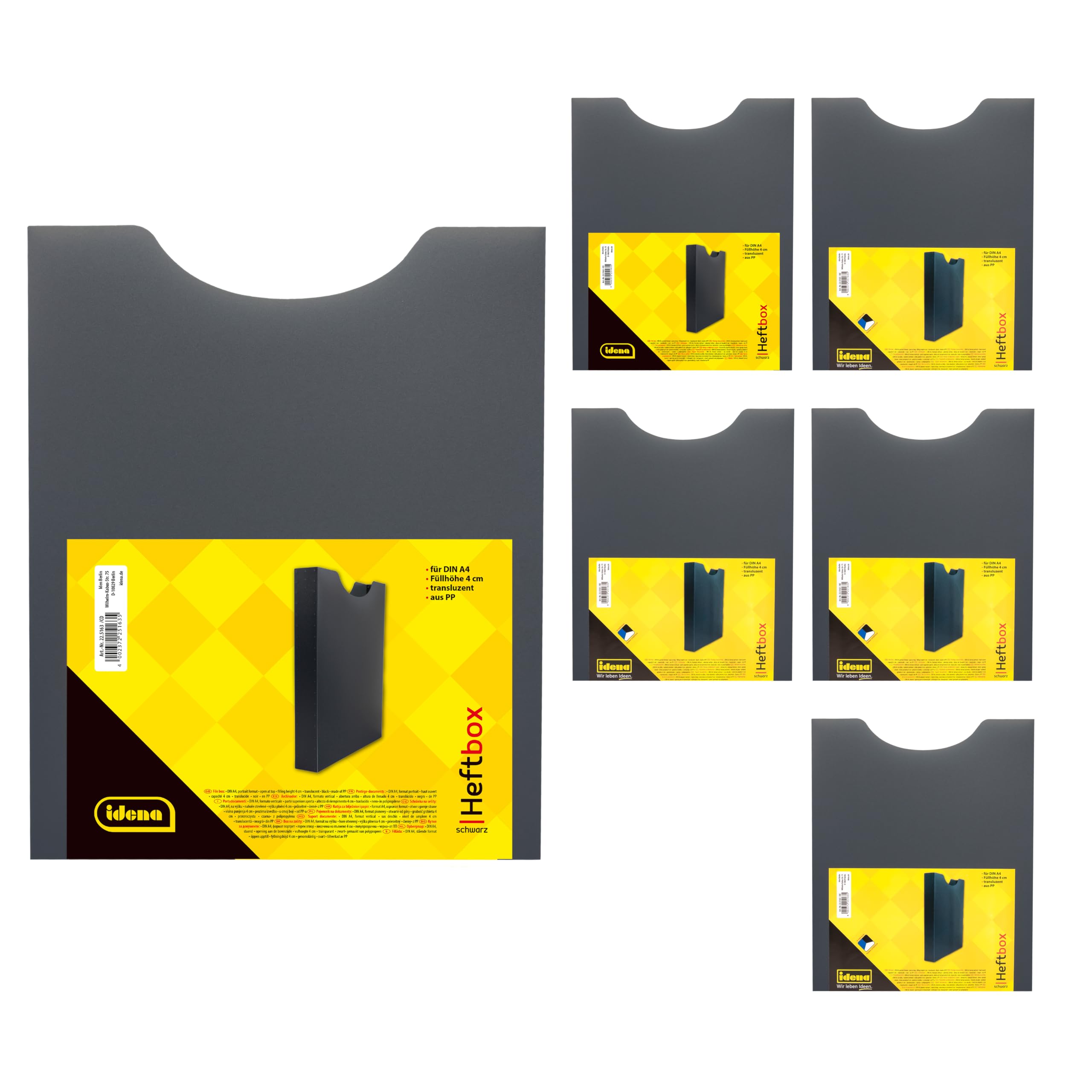 Idena 90167 - Heftbox für DIN A4, Hochformat, aus PP, Füllhöhe 4 cm, schwarz, 6 Stück