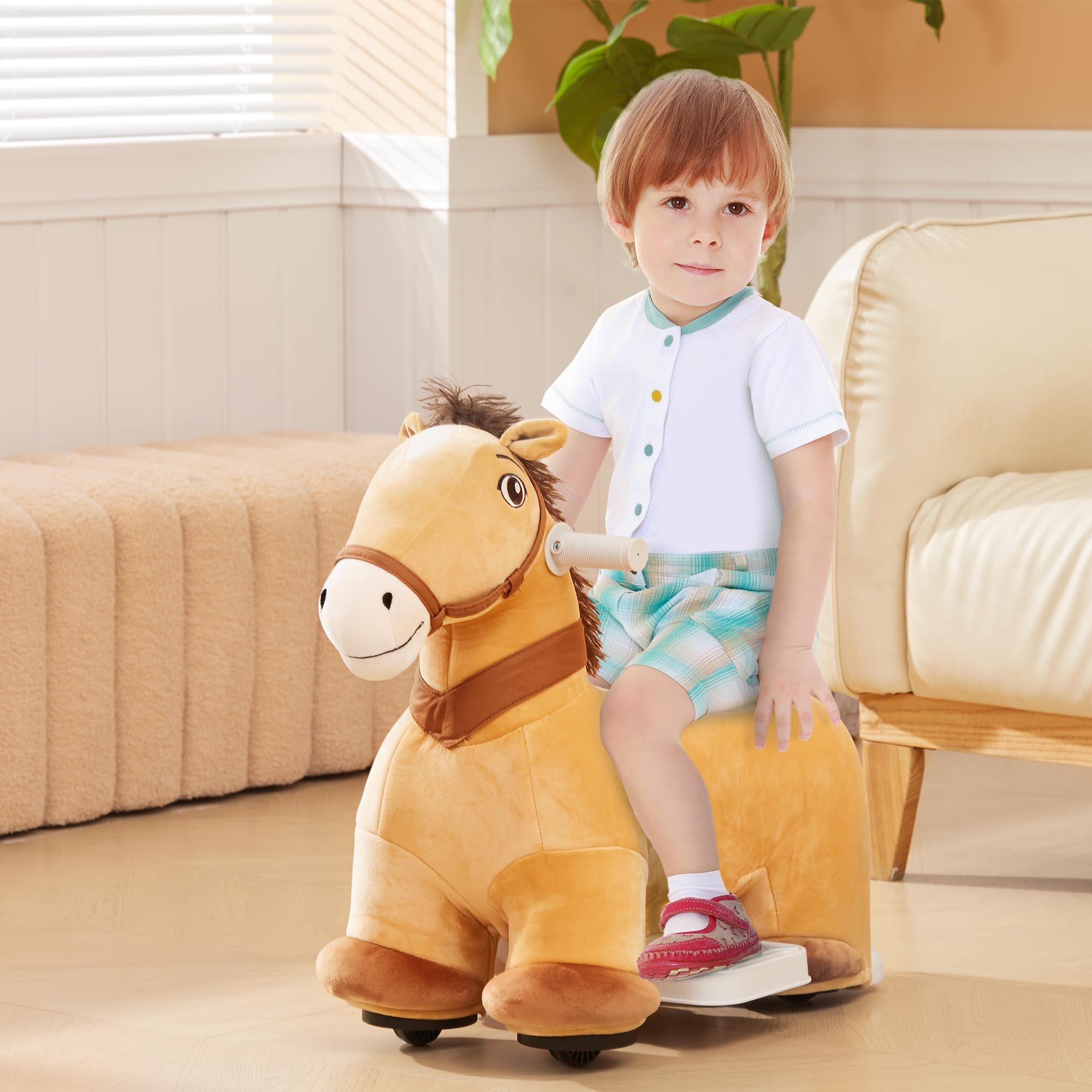 AIYAPLAY Caballo Eléctrico para Niños de 18 a 36 Meses Caballo de Juguete Eléctrico con Batería 6V Ruedas y Música Carga 25 kg 69x34x53 cm Marrón