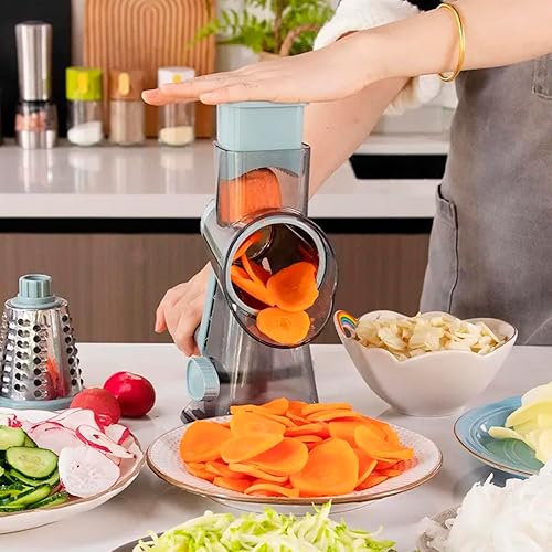 Miniatura 5 de Rallador giratorio de queso y verduras 3 en 1 mejorado con 3 cuchillas intercambiables, fácil de limpiar, apto para lavavajillas y duradero.