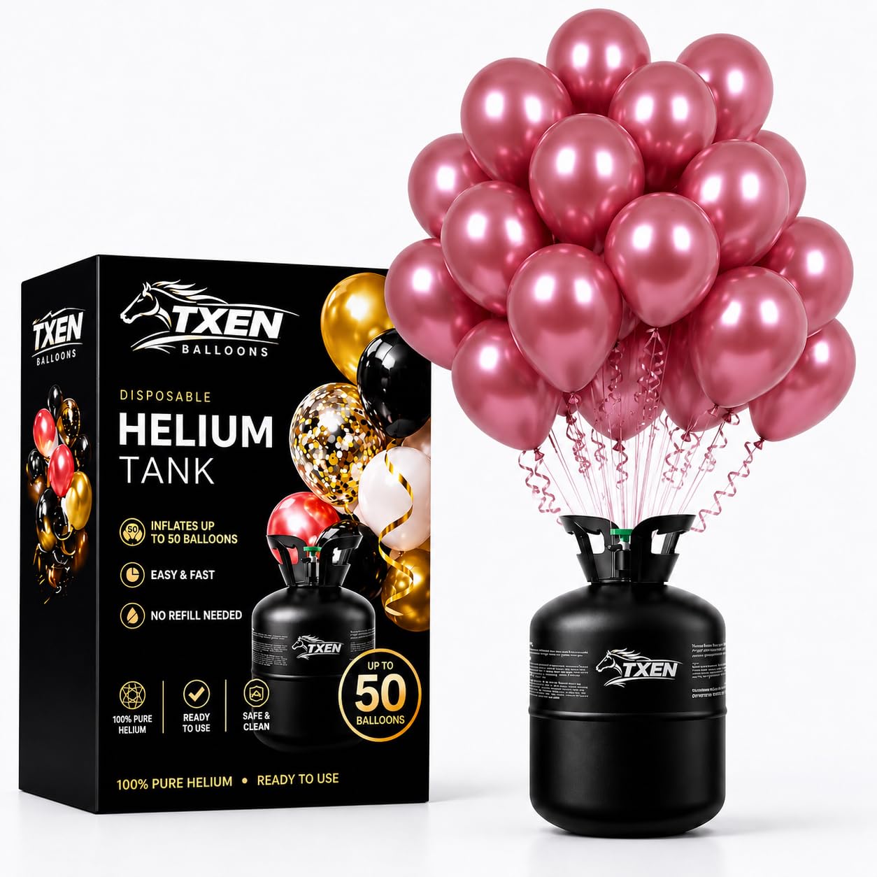 TXEN 13L Disposable Helium Balloon Canister – Inflates Up to 50 Balloons | 100% Pure Helium Tank for Balloons | Includes 50 Rose Gold Chrome Balloons | Ready-to-Use for Parties & Events