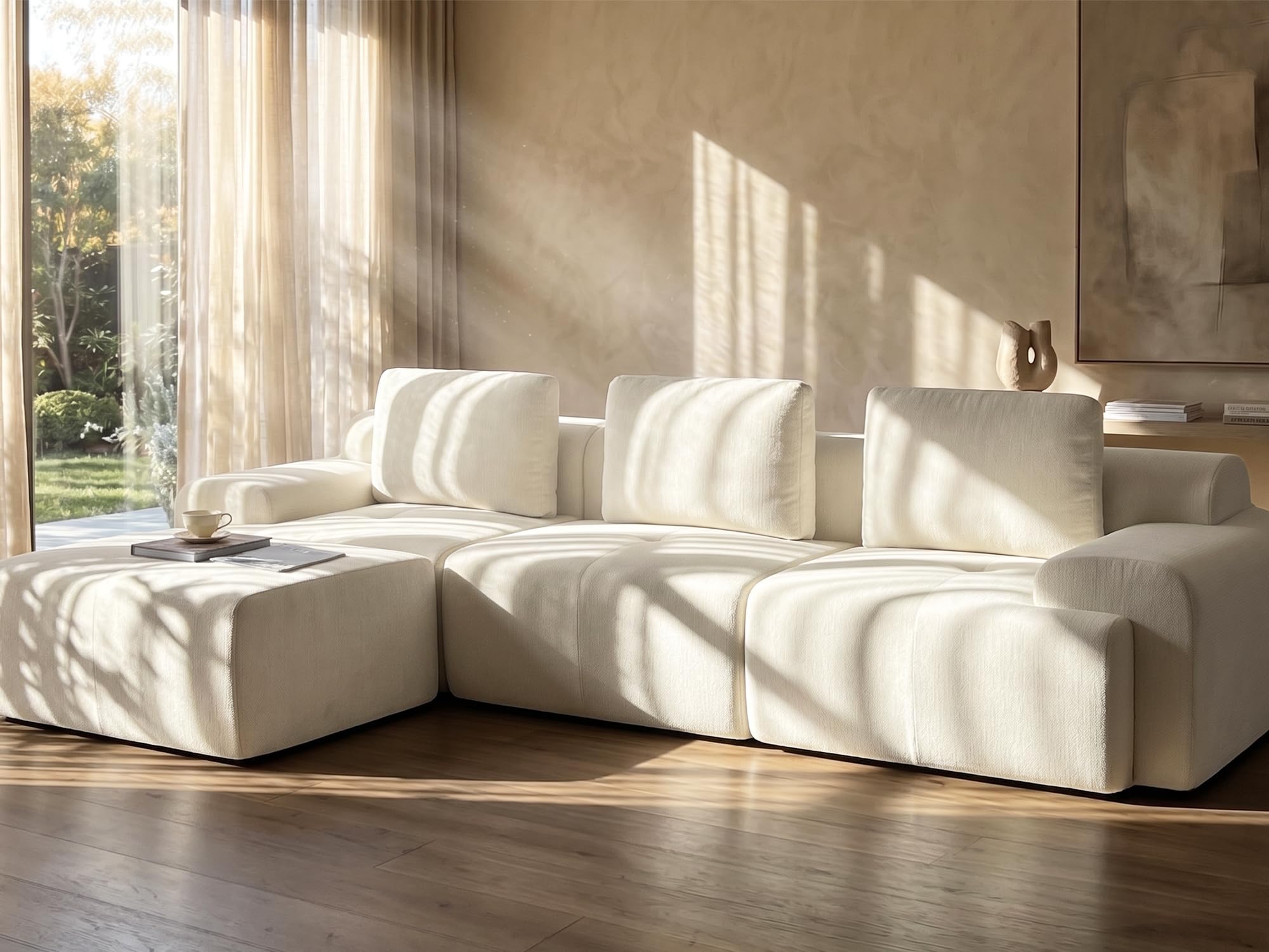 122" L Shaped Oversized Boneless Couch, Comfort Cloud Sectional Couches for Living Room, Modular Sofa High Back &amp; Extra Deep Seat, No Assembly, Chenille (Warm White, 122 inch-L Shaped（3+1）)