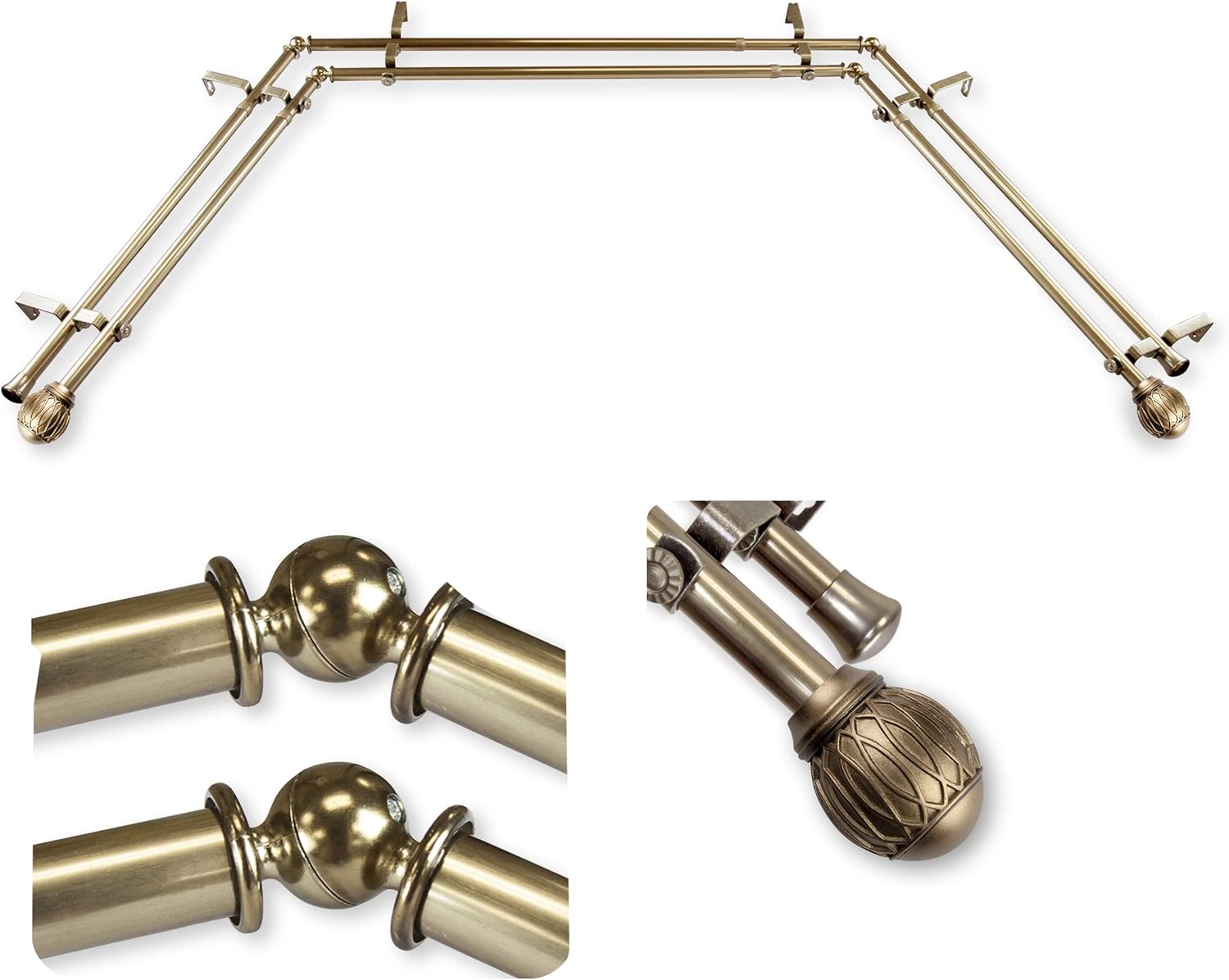 A&F Rod Décor - Tucker 13/16" Bay Window Double Curtain Rod 20"-36", 38"-72" - Antique Brass