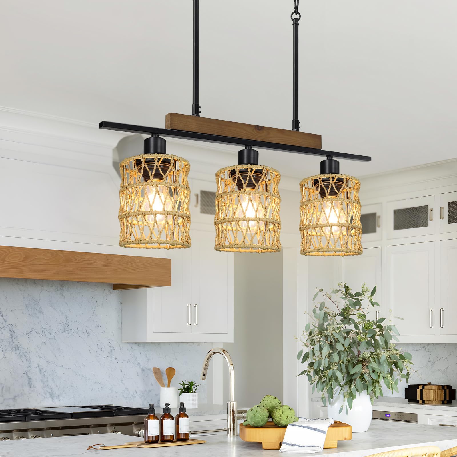 Rattan Farmhouse Kitchen Island Lighting, 3-Light Hand Woven Boho Light Fixtures Ceiling, Height ...