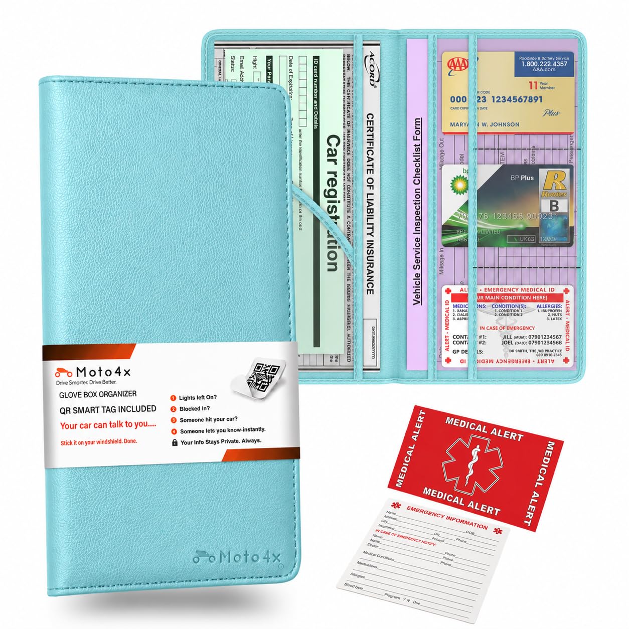 Car Document Holder, Mist Blue Premium PU Leather Glove Box Card Folder