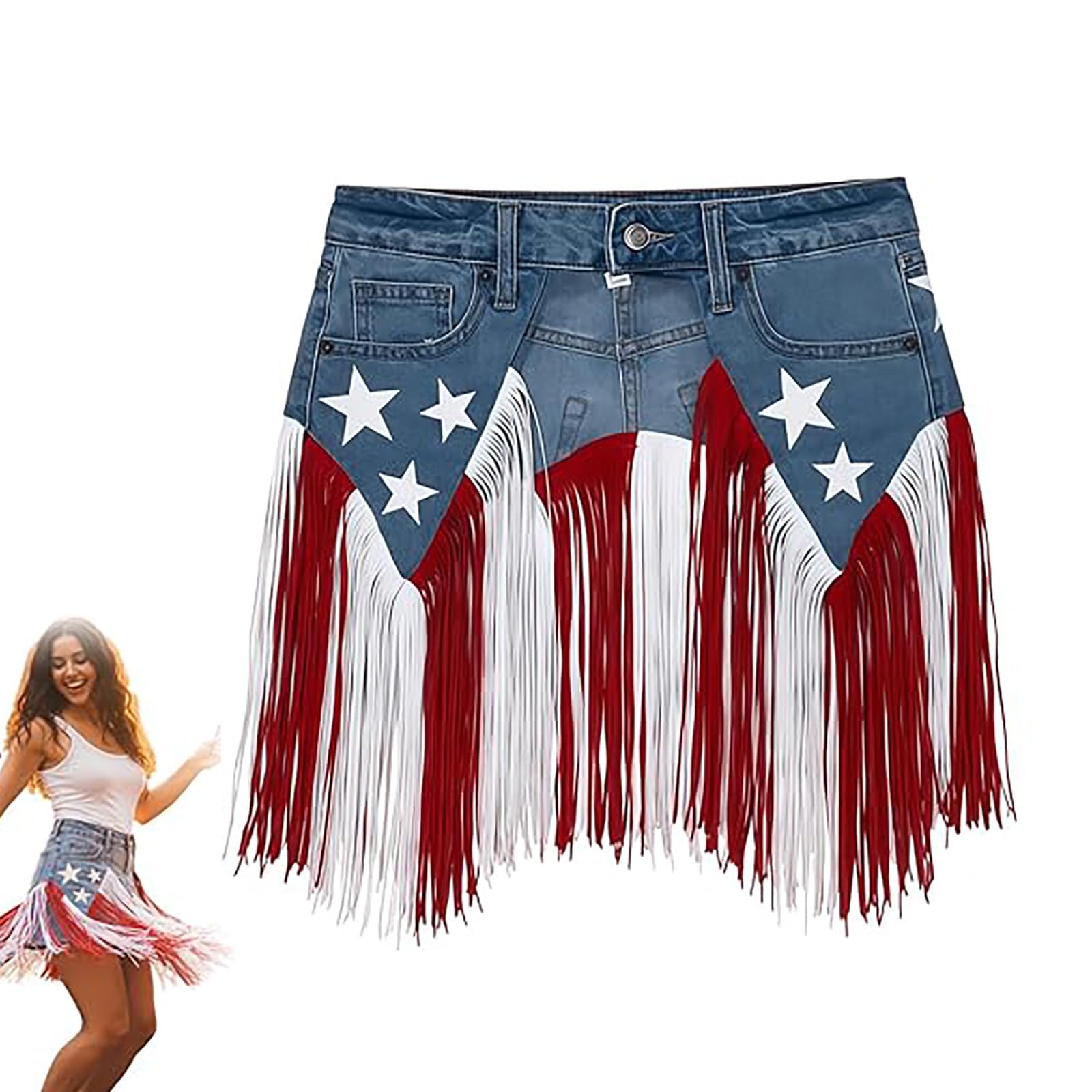 GUUZETU USA 250th Anniversary Patriotic Denim Fringe Belt, Western Cowgirl Star Tassel Waist Belt, Waist Chain Tassel Fringe Belt for Patriotic Festival Outfit Decoration (S)