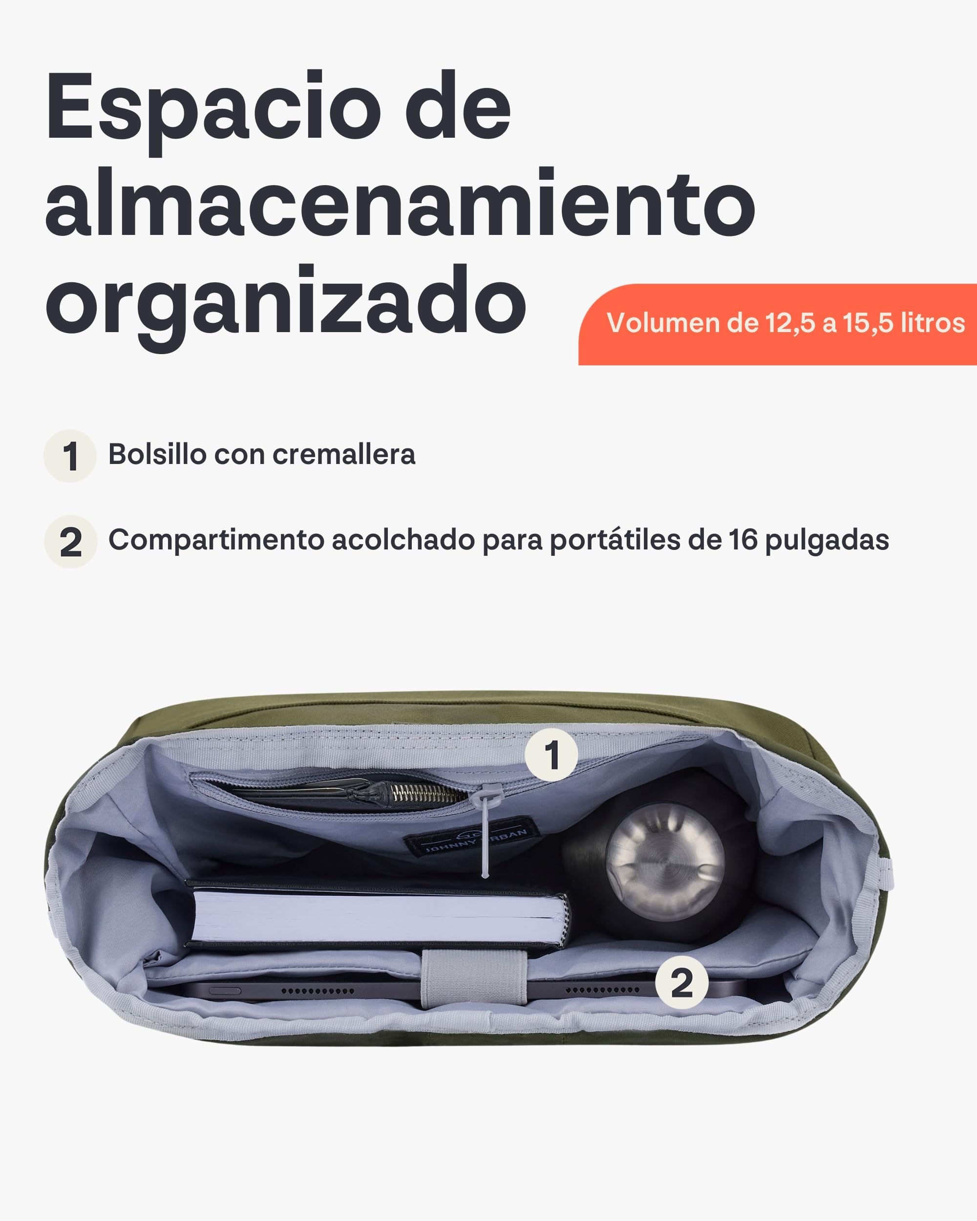 Johnny Urban Mochila Mujer Hombre - Robin Medium - Roll Top Grande para Escolar, Universidad, Trabajo - Compartimento para Portátil - Impermeable