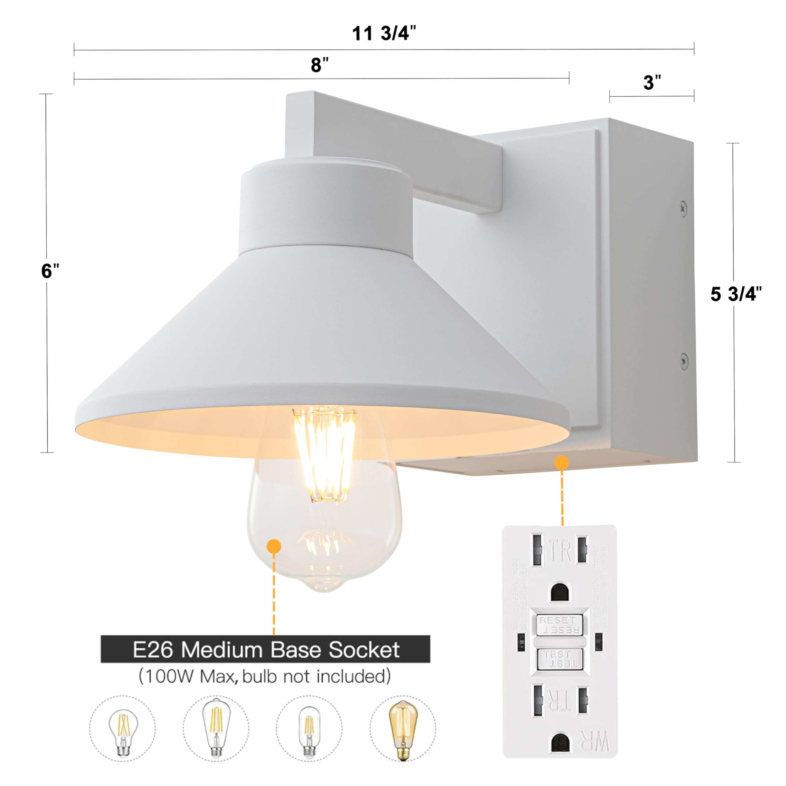 Applique da parete per esterni con uscita GFCI bianco opaco impermeabile antiruggine alluminio esterno illuminazione fienile montaggio a parete luce portico anteriore con presa