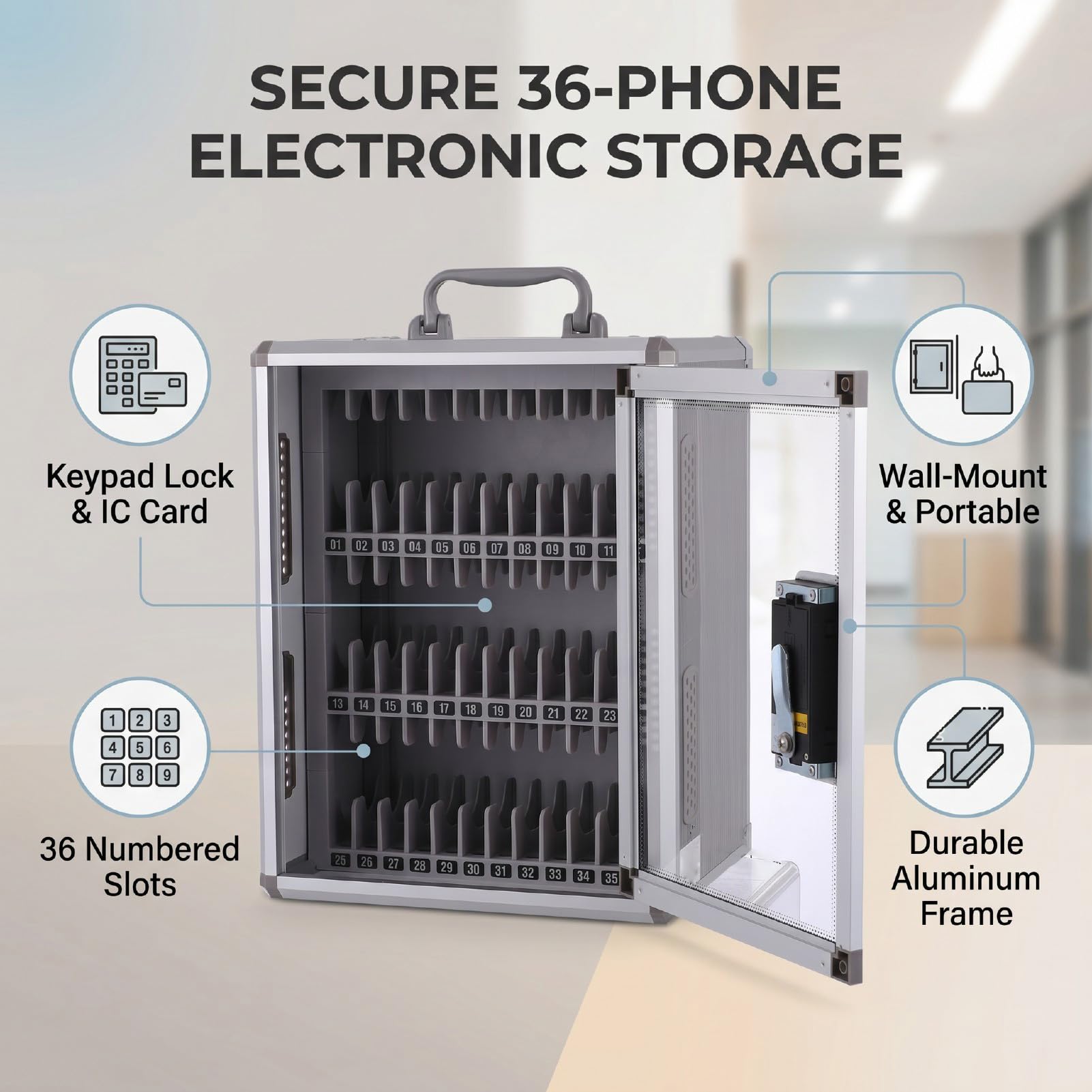 GOWENIC Cassetta di Sicurezza Portatile per Telefono da 36 Slot | Archiviazione di Sicurezza Elettronica Montabile a Parete per Ufficio Scolastico