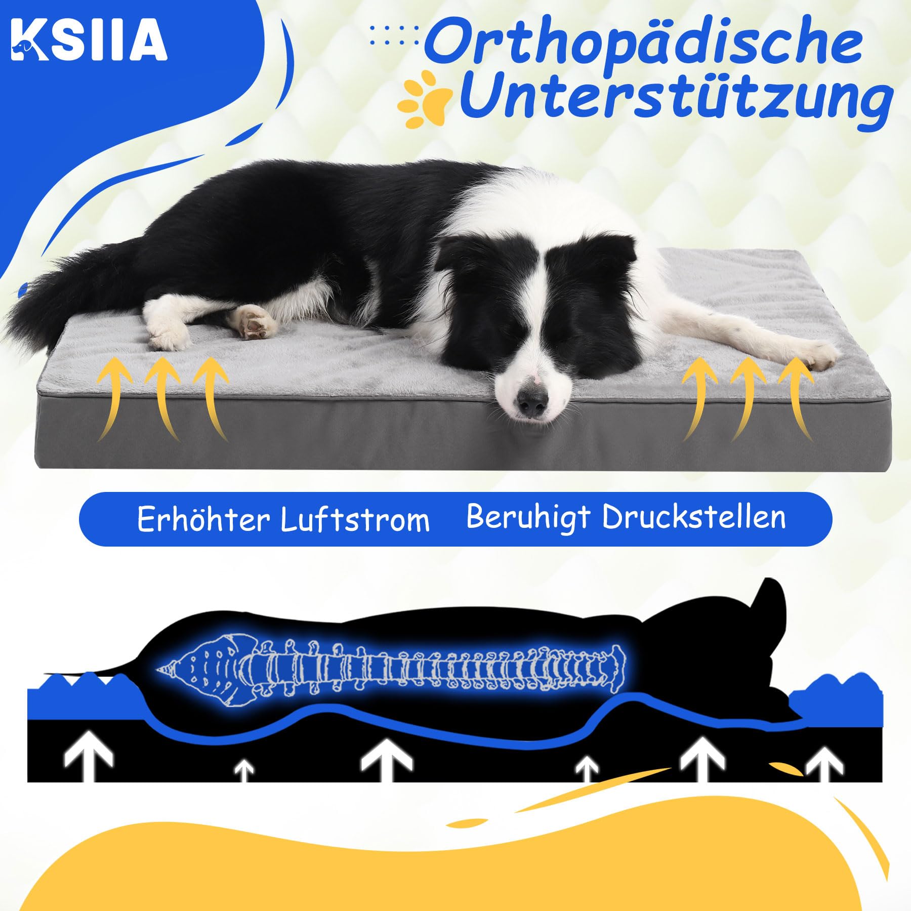 KSIIA Orthopädisches Hundebett für Große Mittelgroße Hunde, Waschbar Hundekissen Flauschig Hundematte Hundematratze mit Abnehmbarer Deckel in Dunkelgrau 88x55x7cm