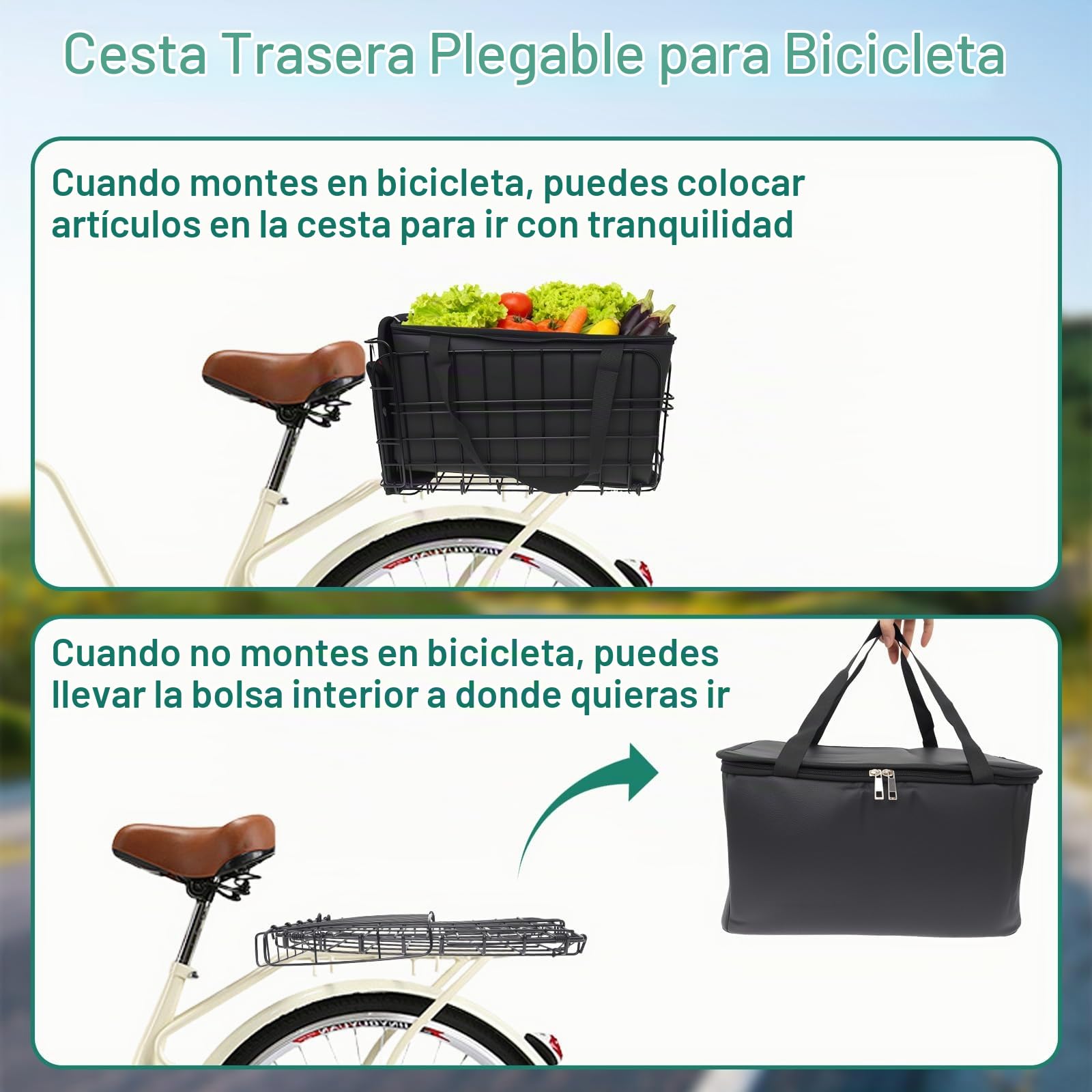 Cesta Trasera Bicicleta de Metal con Bolsillo Interior, Cesta Portaequipajes Universal para Compra Viaje Transporte de Mascotas y Alimentos, Compatible con Bicicletas y Bicicletas Eléctricas
