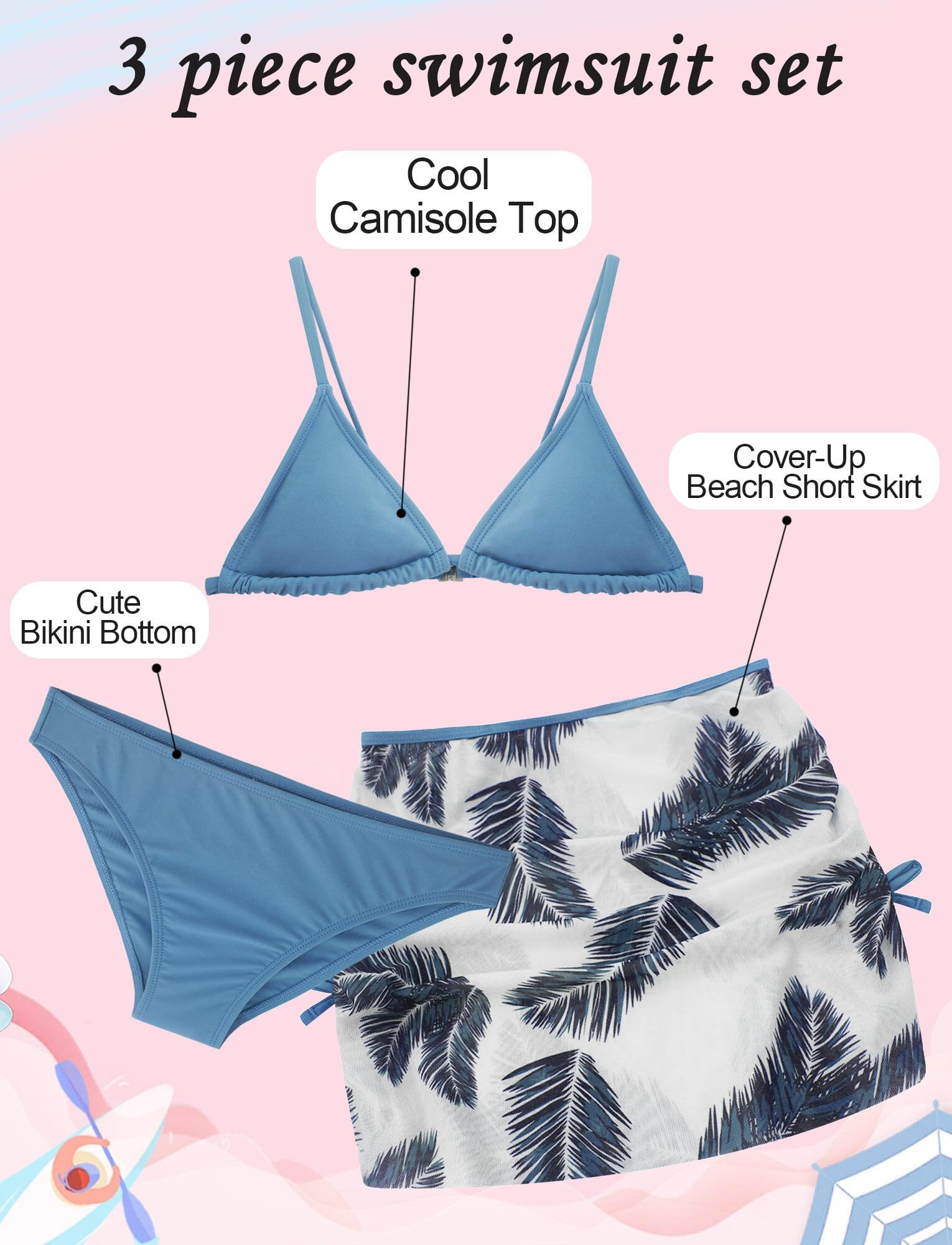 FEOYA Bikini de 3 piezas para niñas traje de baño con estampado de flores u hojas falda verano playa traje de baño protector solar traje de baño elástico secado rápido ropa de playa 140 150 160 170