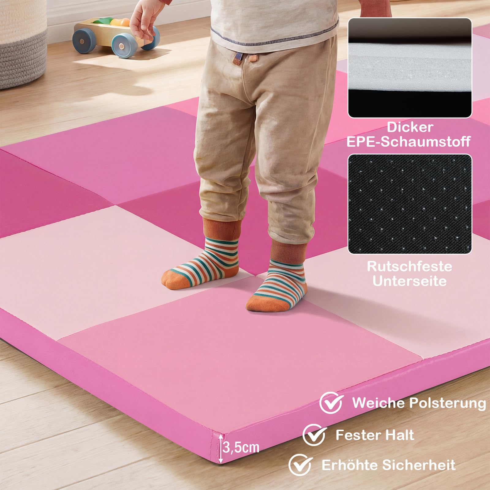 COSTWAY 2 teilige Krabblematte Baby faltbar, 144 x 144 cm Spielmatte mit Kletterverschluss, Bodenmatte aus Kunstleder & Schaumstoff, Spielteppich rutshfest für Kinderzimmer (Rosa)