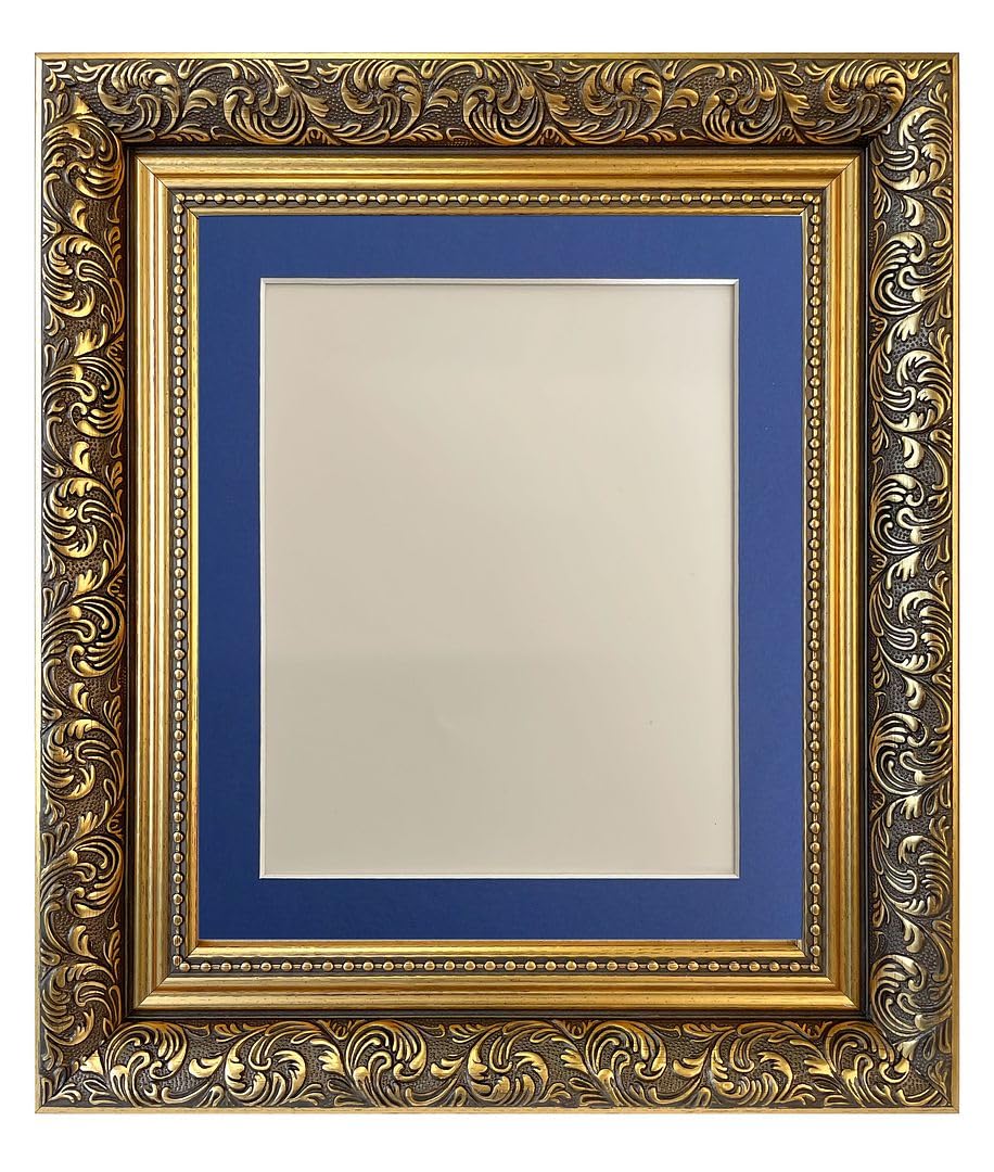 FRAMES BY POST Large Dahlia Gold Picture Photo Frame with Oxford Blue Mount 8 x 6 Image Size 6 x 4 Inch โ image 1