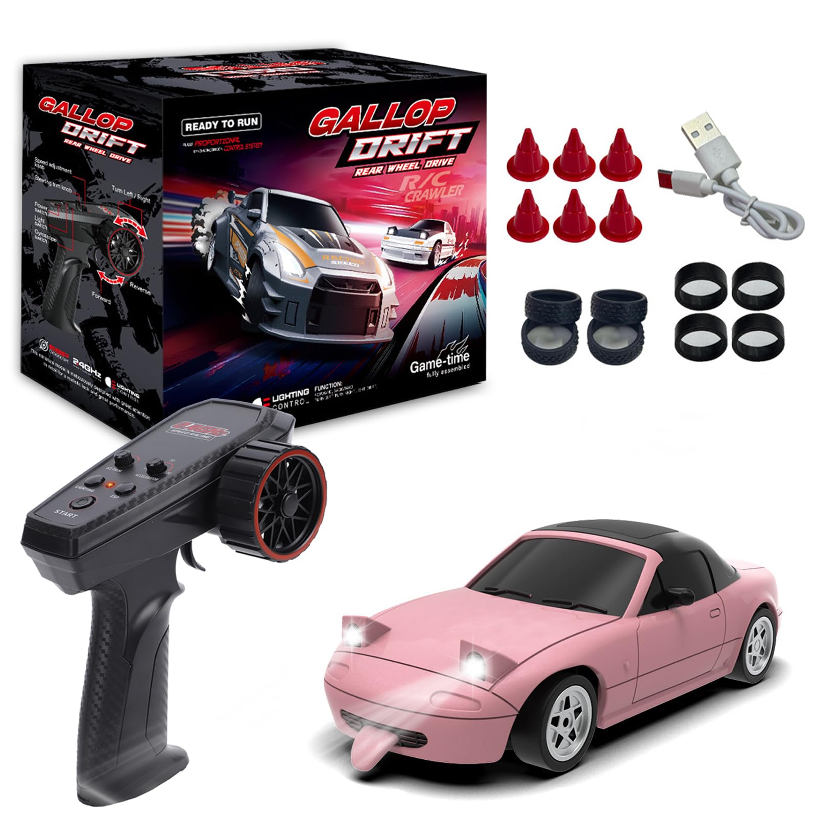 Authticar 1:60 Scale Mini RC Drift Car, 2.4GHz 4WD MX5 Desktop RC Drift Car with Gyro, Interchangeable Tires, LED Lights, Full Proportional ControlRacing Sport Toy for Adults Teens(Pink)