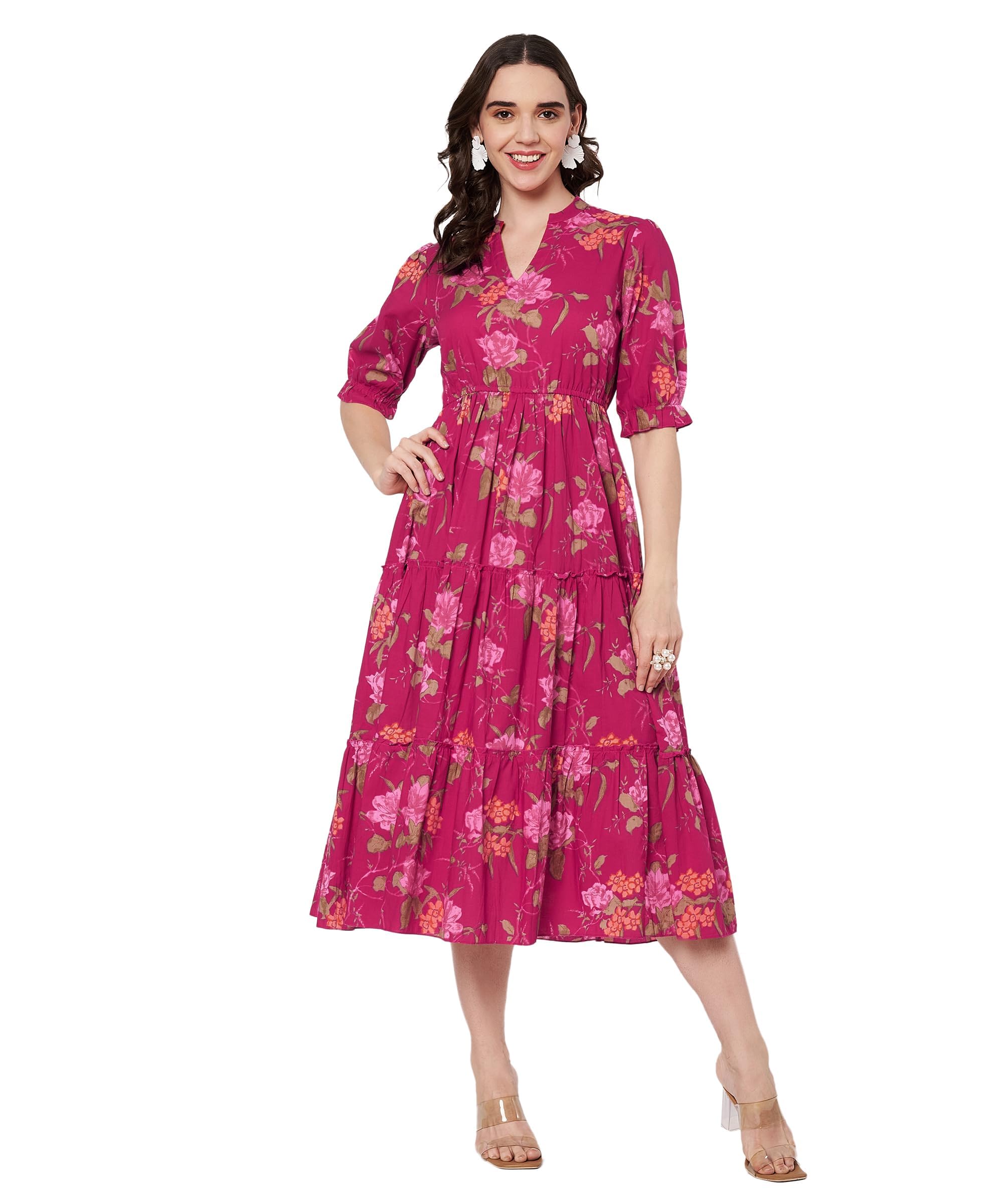 Roadster Women's Cotton Floral Printed Midi Dress | V-Neck Fit & Flare Dress with Puff Sleeves | Casual Summer Wear in multi