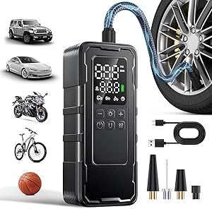 Tire Inflator Portable Air Compressor, 150 PSI Cordless Air Pump for Car Tires with Digital Pressure Gauge, Auto-Shutoff, LED Light, 12V Rechargeable Battery for Motorcycle, Bike, Ball, Inflatables