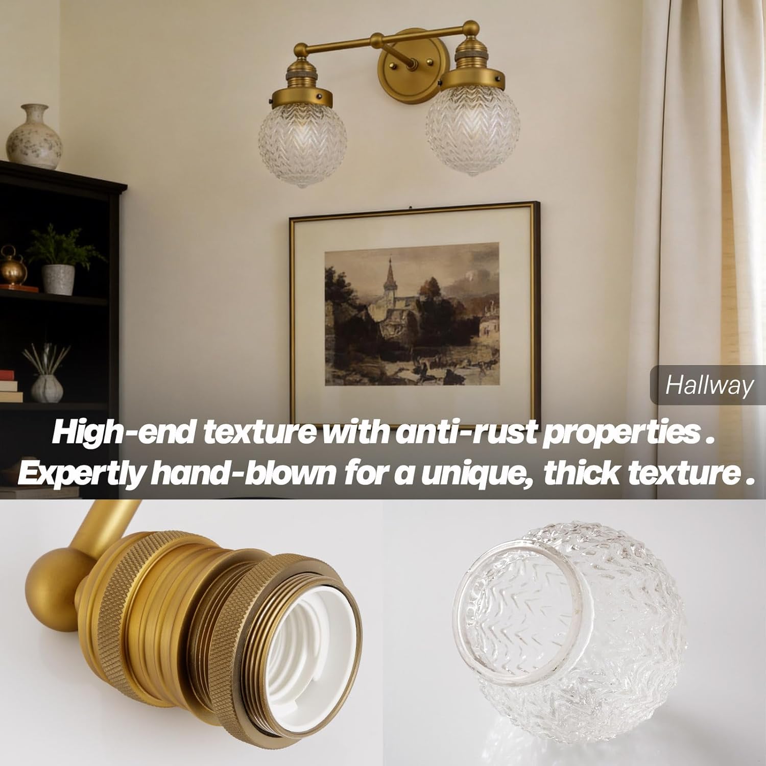 2-Light Gold Vanity Light Bathroom Light Fixtures Vintage Farmhouse Wall Sconces with Textured Glass Brushed Gold Lighting Over Mirror E26 Hardwired Double Arm for Bathroom Bedroom