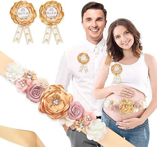 Conjunto de pines de maternidad boho para baby shower, para mamá, para ser y papá, 3 piezas, estilo bohemio, arco iris, satén, cinturón de vientre