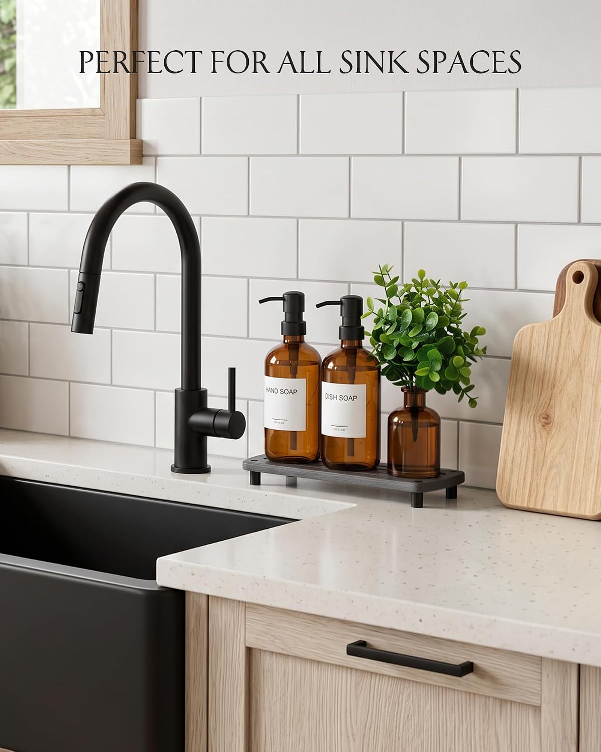 Cisily Modern Soap Dispenser Set with Plants, Amber Glass Soap Dispensers with Pump, Decorative Hand and Dish Soap Dispenser Set, Soap and Lotion Dispenser Upgrade for Kitchen and Bathroom Decor