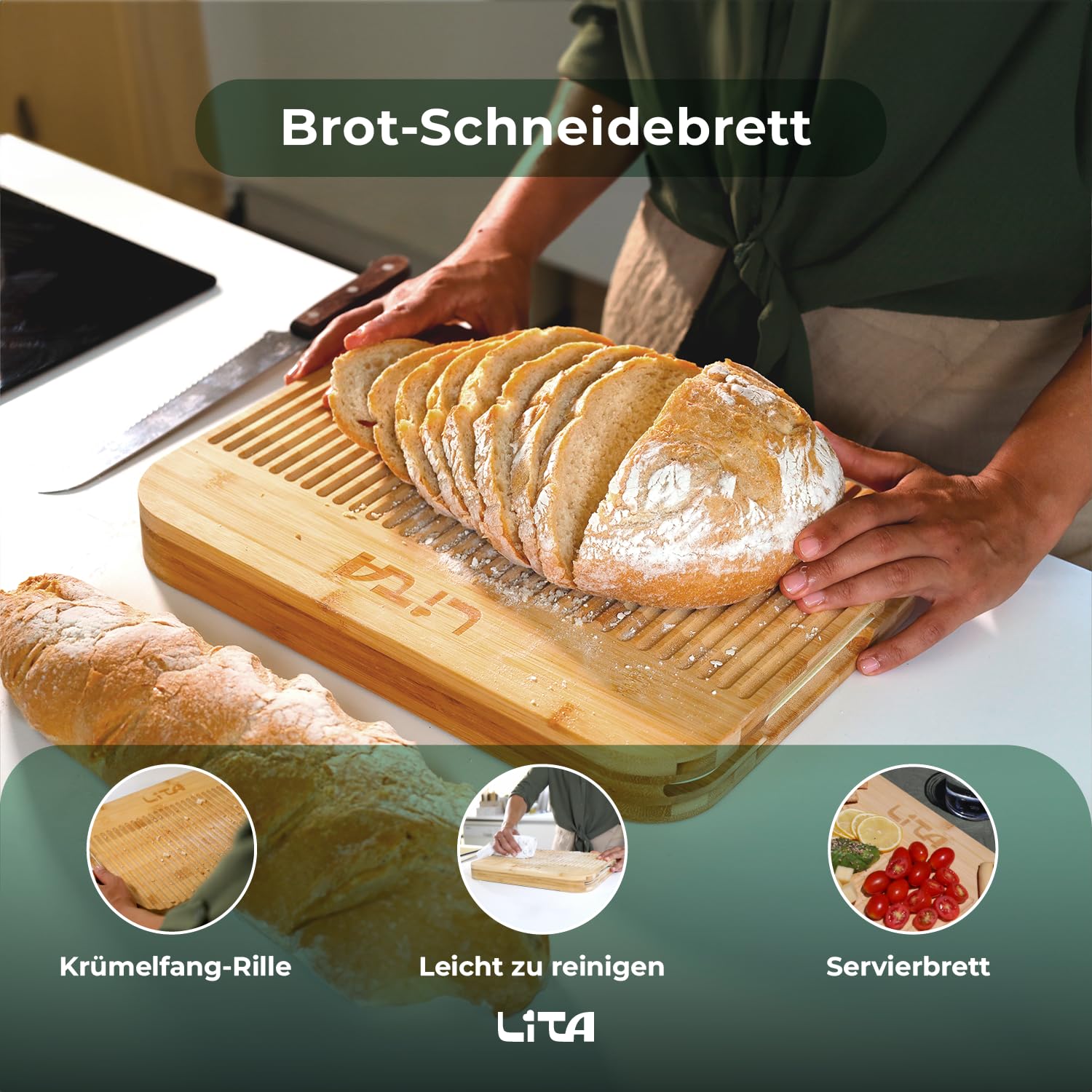 Schneidebrett Bambus XL - Doppelseitiges Holzschneidebrett mit 3 Austauschbaren PP-Schneidematten BPA-Frei - Antibakteriell & Rutschfest für Fleisch, Gemüse, Brot - LITA