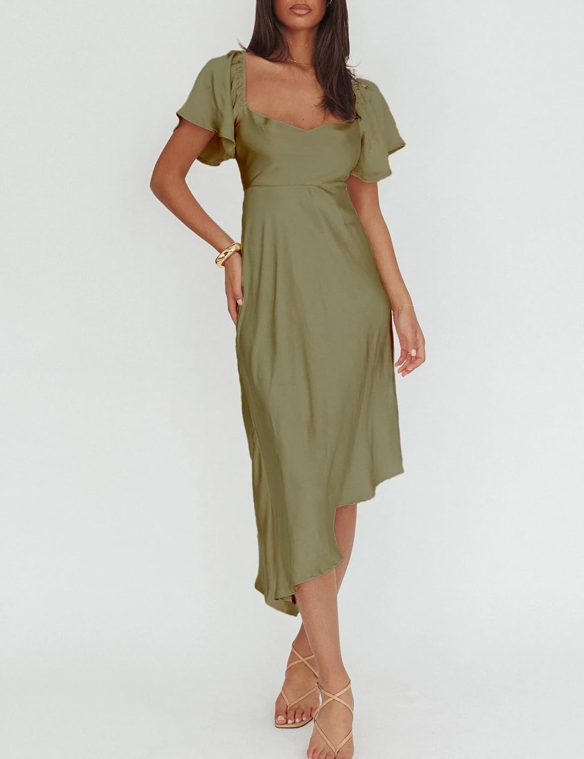 2026 Satin Cowl Neck Flutter Sleeve Midi Dress Silk Sexy Tie Back Asymmetrical Hemline Formal Long Dresses for Wedding Guest