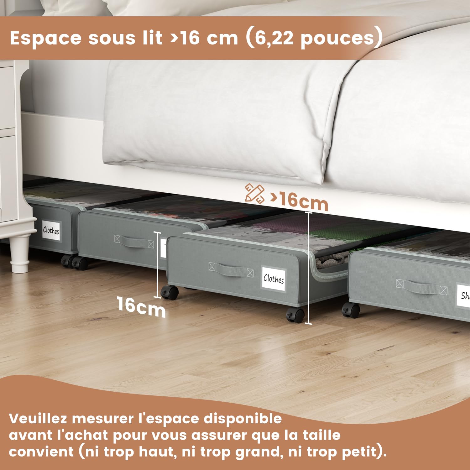 Lot de 2 boîtes de rangement sous le lit avec roulettes, tiroirs de rangement à chaussures sous le lit, tiroirs de rangement avec couvercle, couvertures à rouler en bois, tiroirs en métal Lot de 2 boîtes de rangement sous le lit avec roulettes, tiroirs de rangement à chaussures sous le lit, tiroirs de rangement avec couvercle, couvertures à rouler en bois, tiroirs en métal