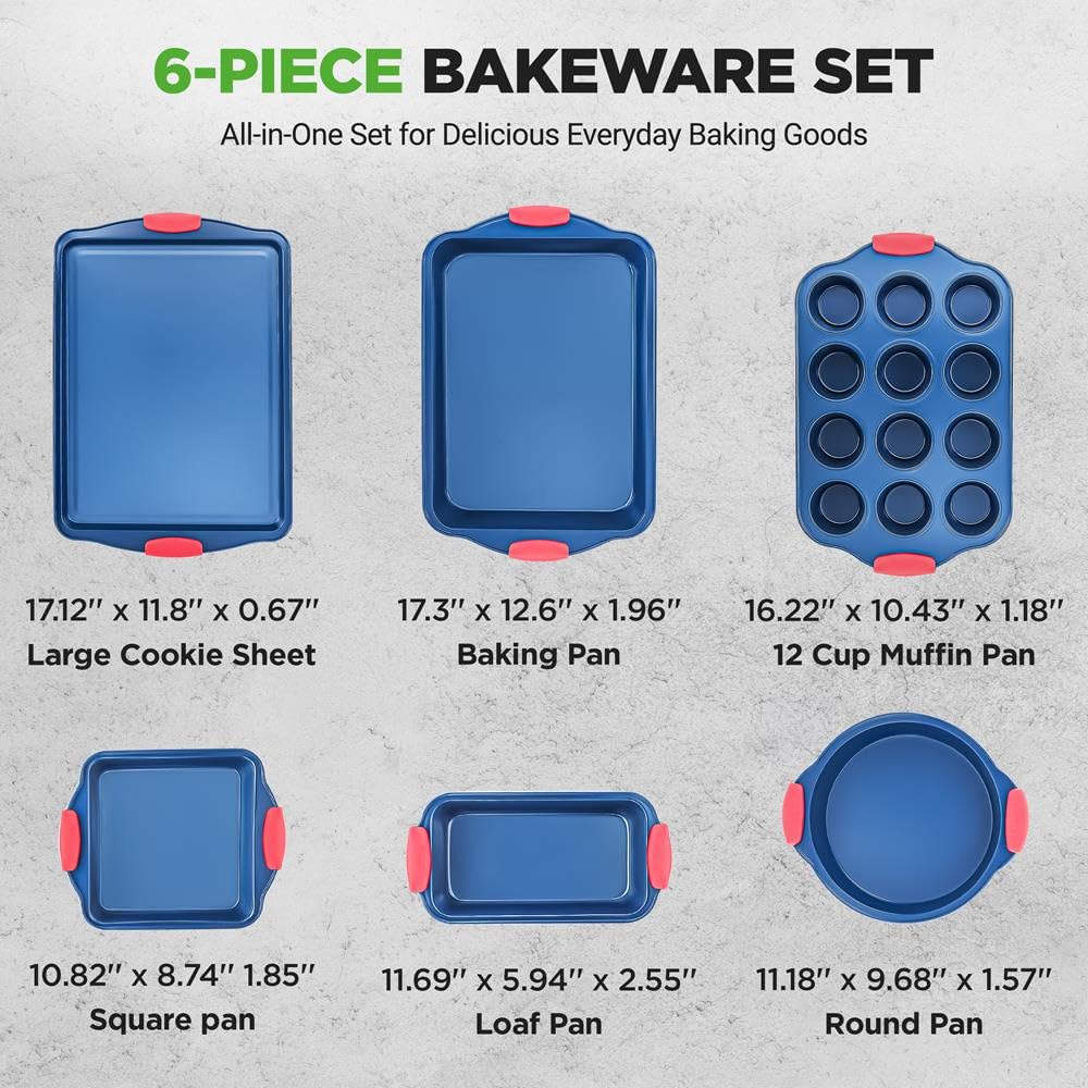 NutriChef juego de 6 moldes, Utensilios horno, Baking set, Reposteria, Antiadherentes, Libres de PFOA, PFOS, PFTEE, Aptos para hornos hasta 230°C (450°F), Mangos de silicona