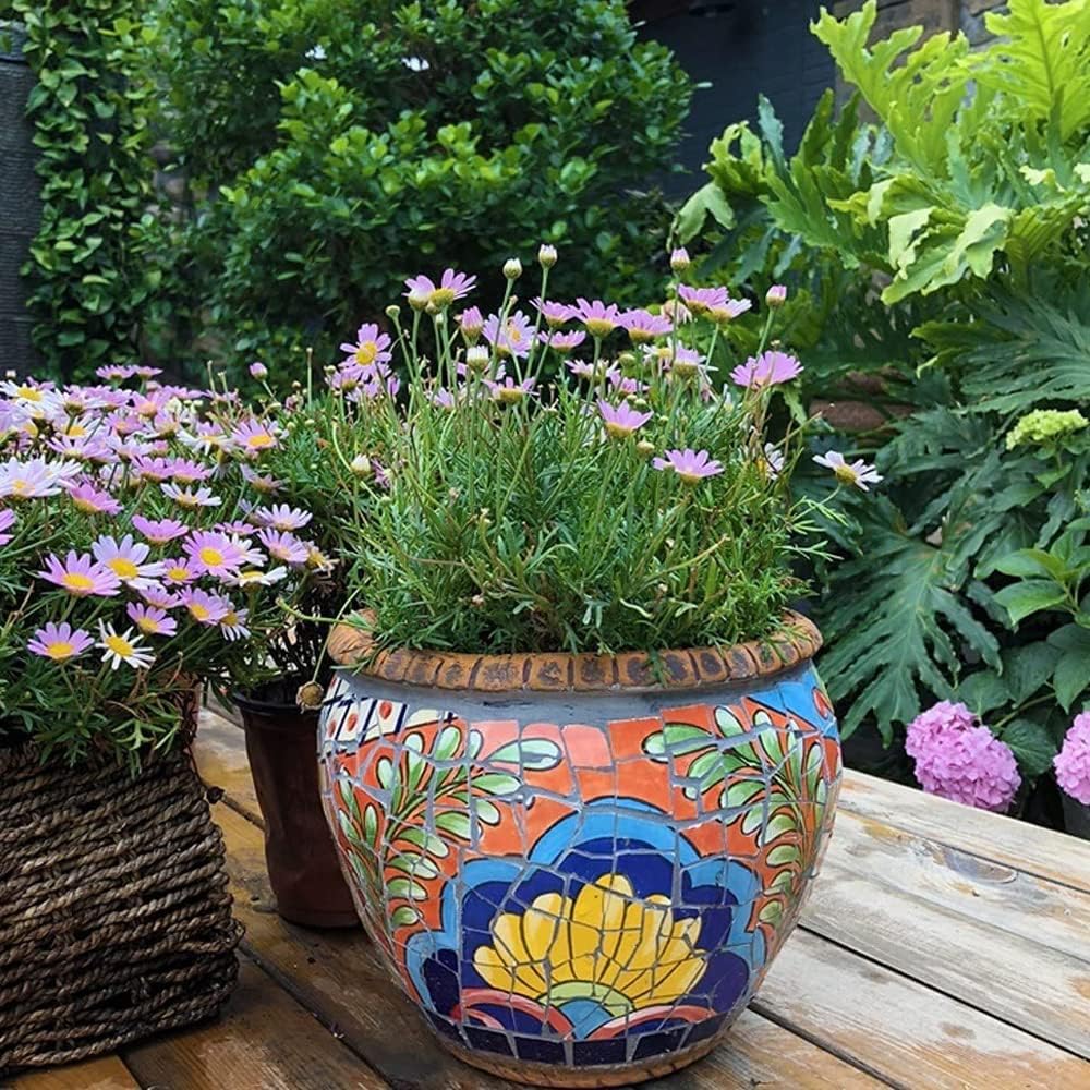 Hand Painted Colorful Planter Pot, Colorful Large Concrete Planter Ceramic Garden Pot, Round Decorative Flower Container for Outdoor Patio & Indoor Plant Decor