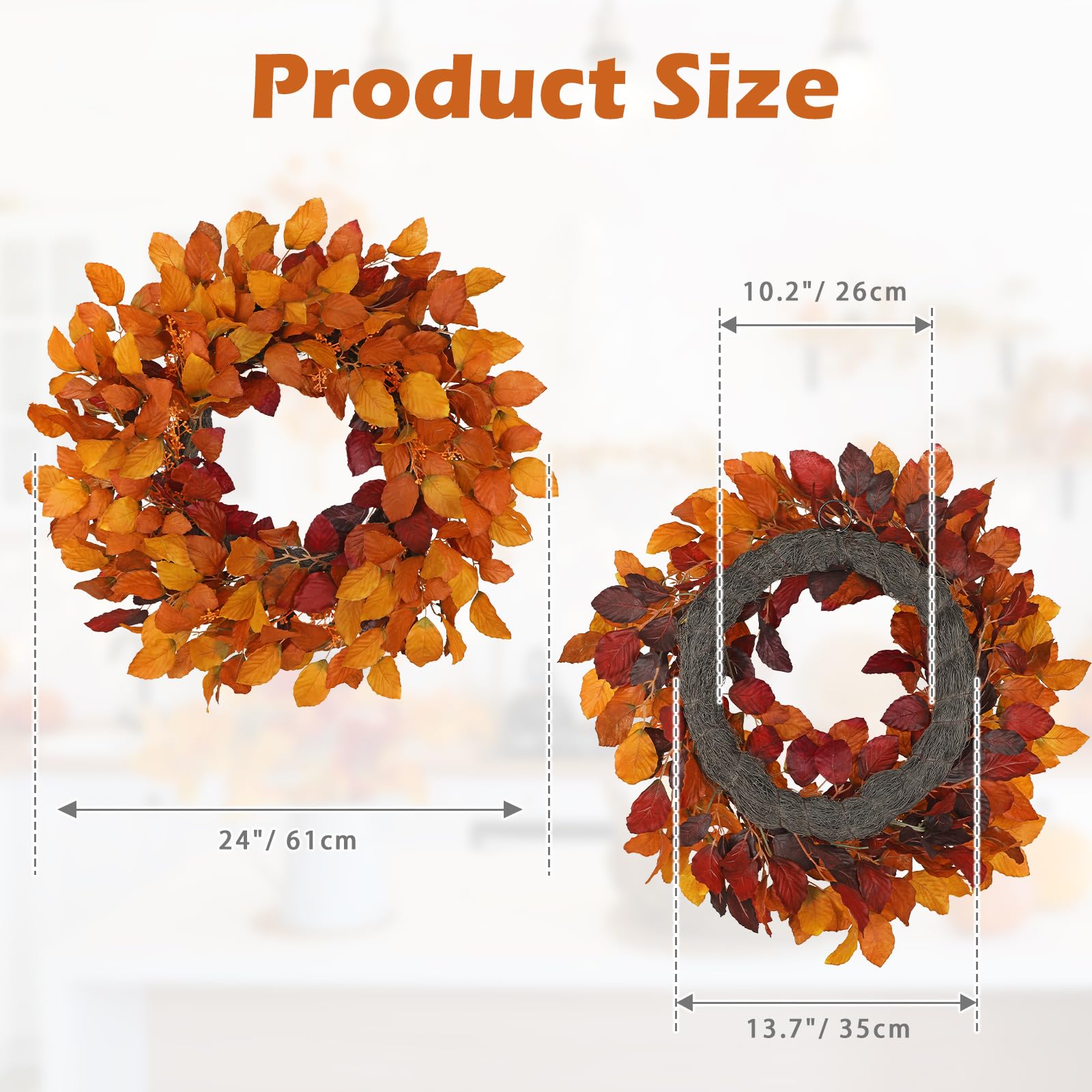 Künstlicher Herbstkranz für Tür – 61 cm Türkranz mit Herbstlaub & Beeren– Orange Gelb Herbstdeko für Haustür, Halloween & Erntedank – Innen & überdachten Außenbereich