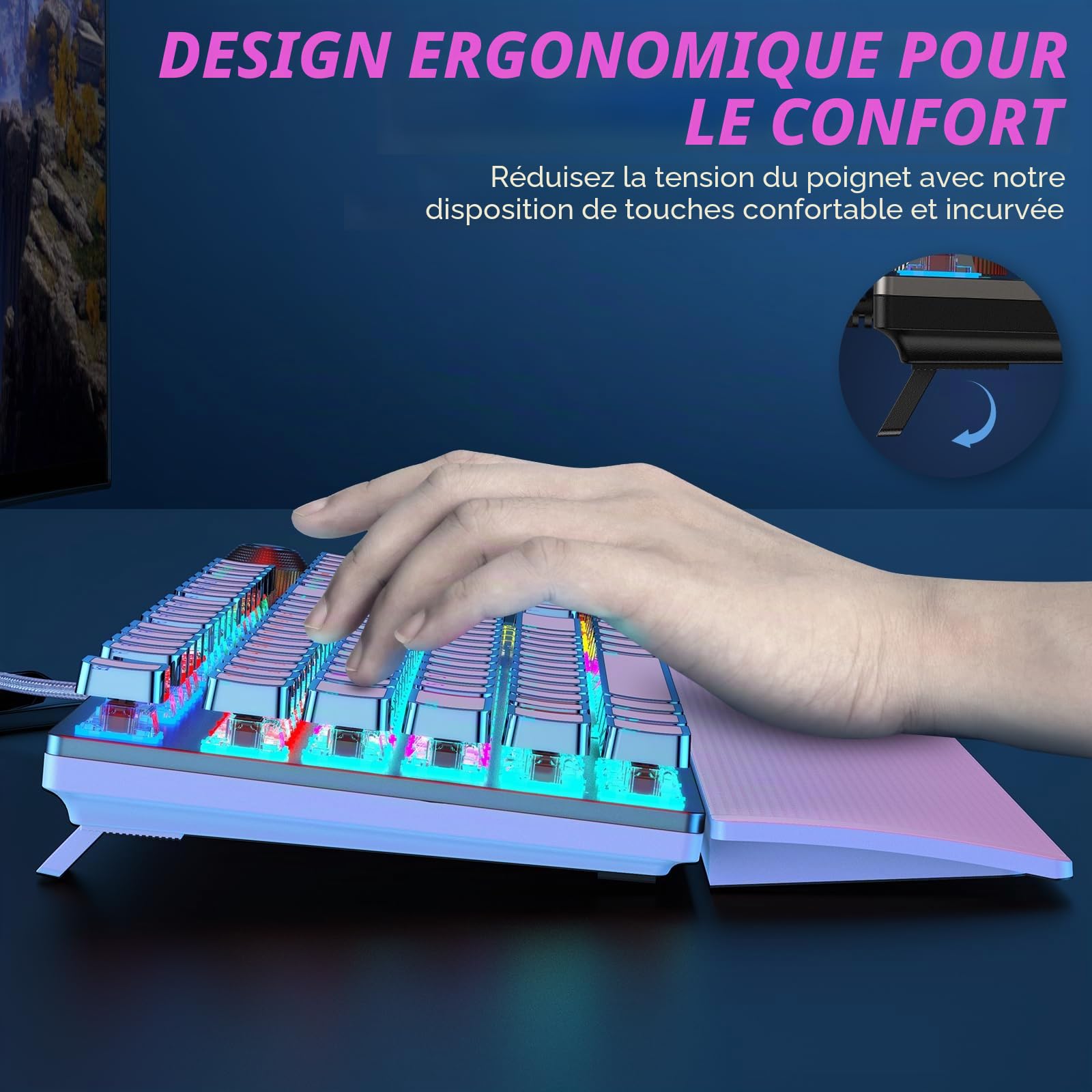 TECURS Clavier de jeu mécanique avec repose-poignet magnétique et commutateurs rouges, clavier filaire QWERTZ éclairé, 105 touches avec anti-ghosting et bouton rotatif multimédia pour PC/PS5/PS4