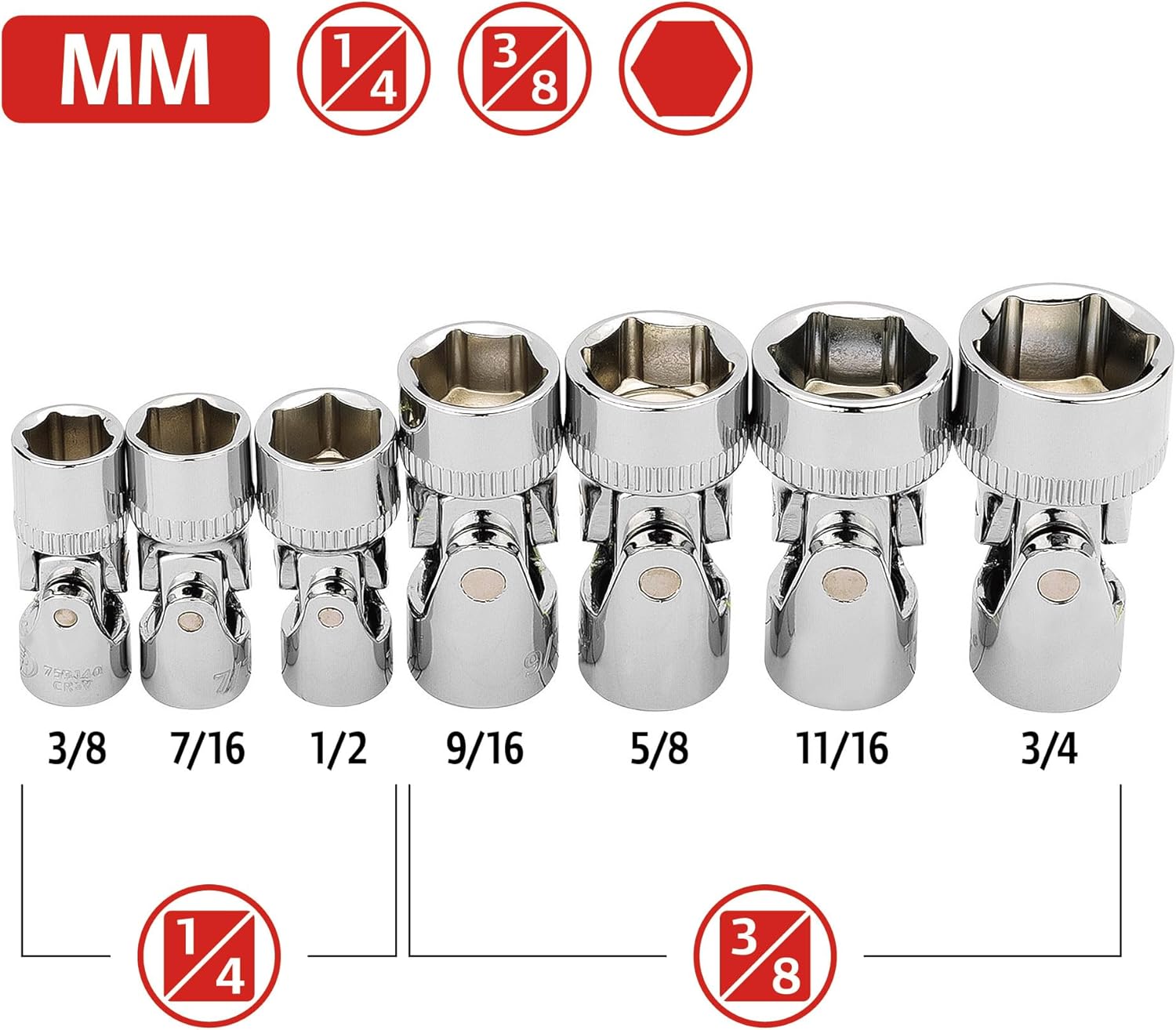 Ingersoll Rand 7 Pc. SAE Universal Joint Socket Set, 6-Point, Chrome Vanadium Steel, 1/4" & 3/8" Drive, 3/8–3/4 in. with Storage Tray – Model 752036X