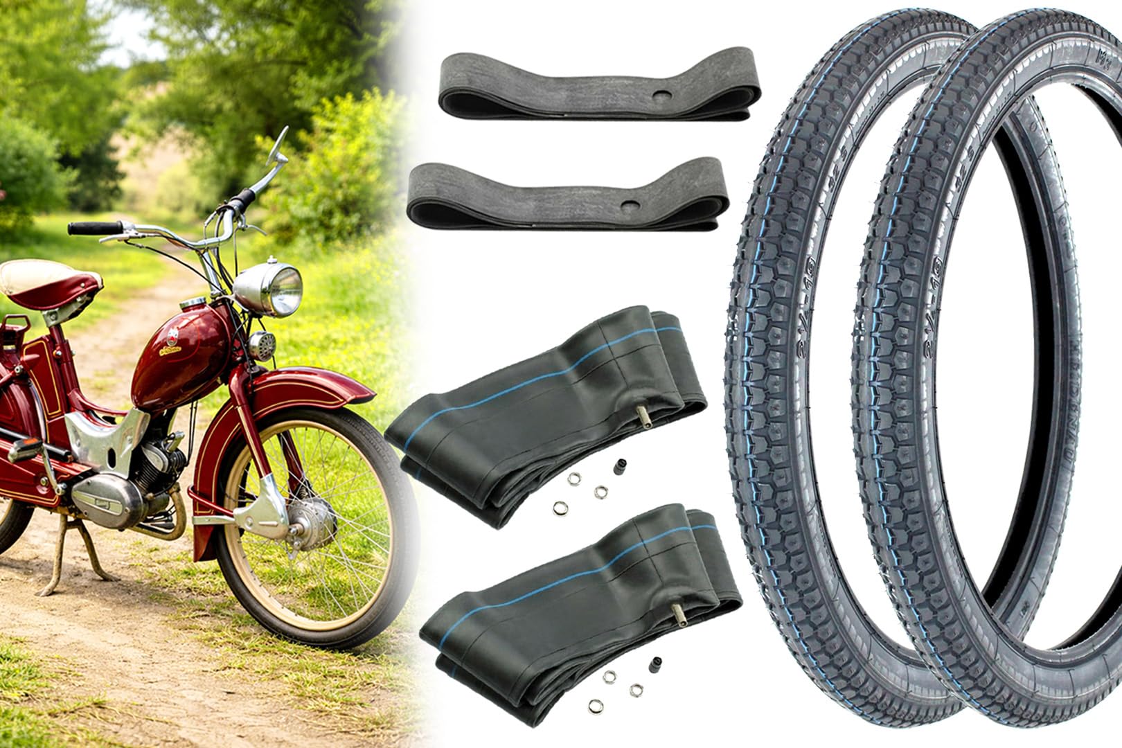 2x Reifen 2.25 x 19 Zoll, M3 Straßenprofil, M/C 32S + Schlauch TR4 gerade + Felgenband, kompatibel mit Simson SR2 Zündapp Kreidler hergestellt mit Heidenau