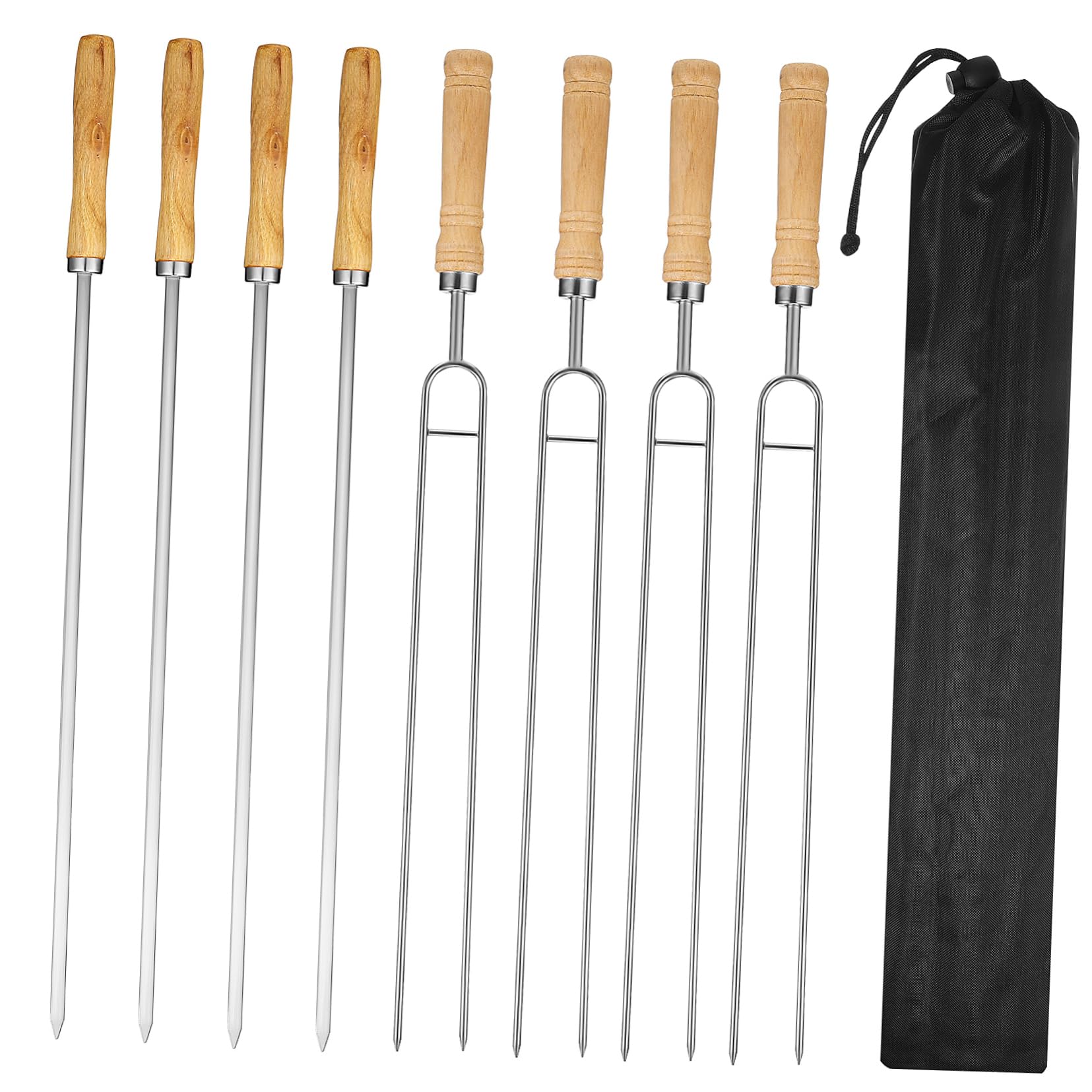 POPETPOP 8pezzi Spiedini per Barbecue in Acciaio Inox con Manici in Legno Bastoncini Doppia Testa e Testa Singola per Grigliare e Servire Inclusi Sacchetti per Arrostire Colore Casuale