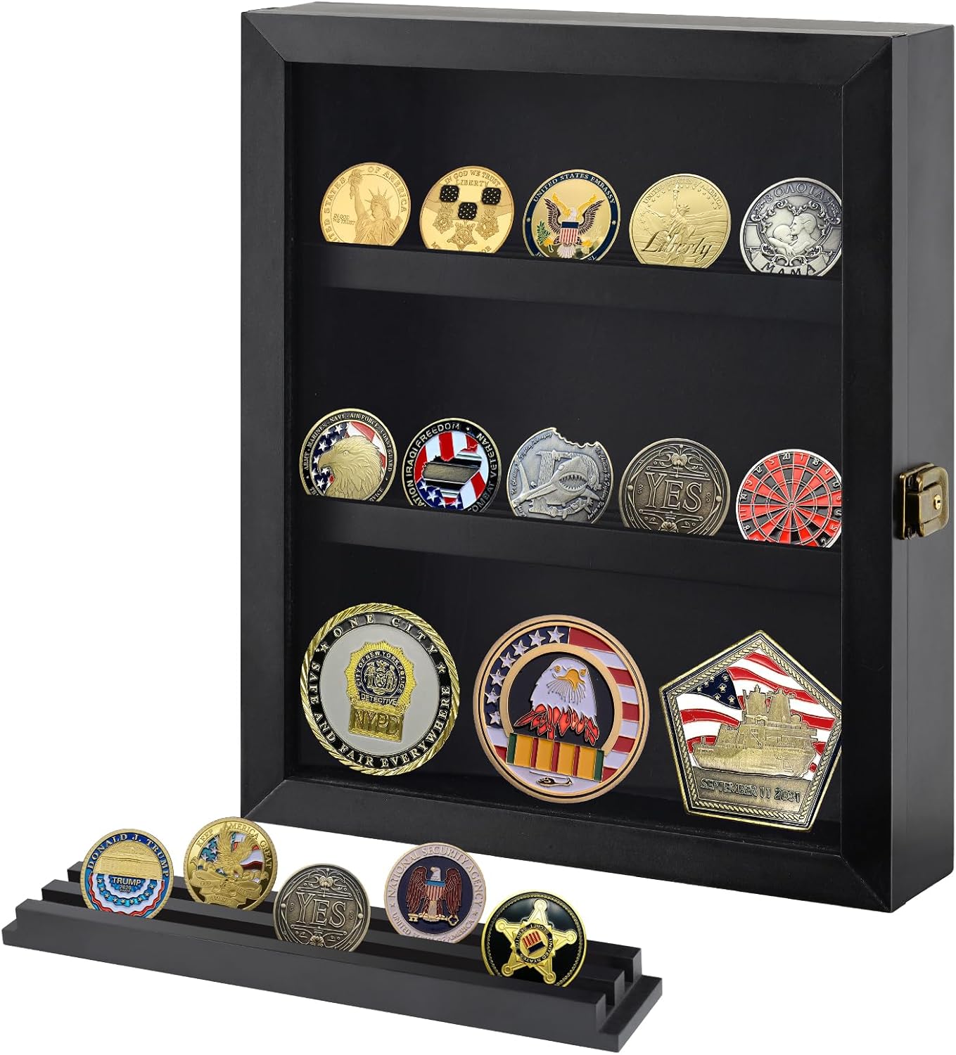 4 THOUGHT Military Challenge Coin Display Case, Lockable Medals Shadow Box with Removable Shelves & Acrylic Glass Door, Wall Mounted Coin Holder Display Cabinet for Badges Collectibles, 13.7"x11"
