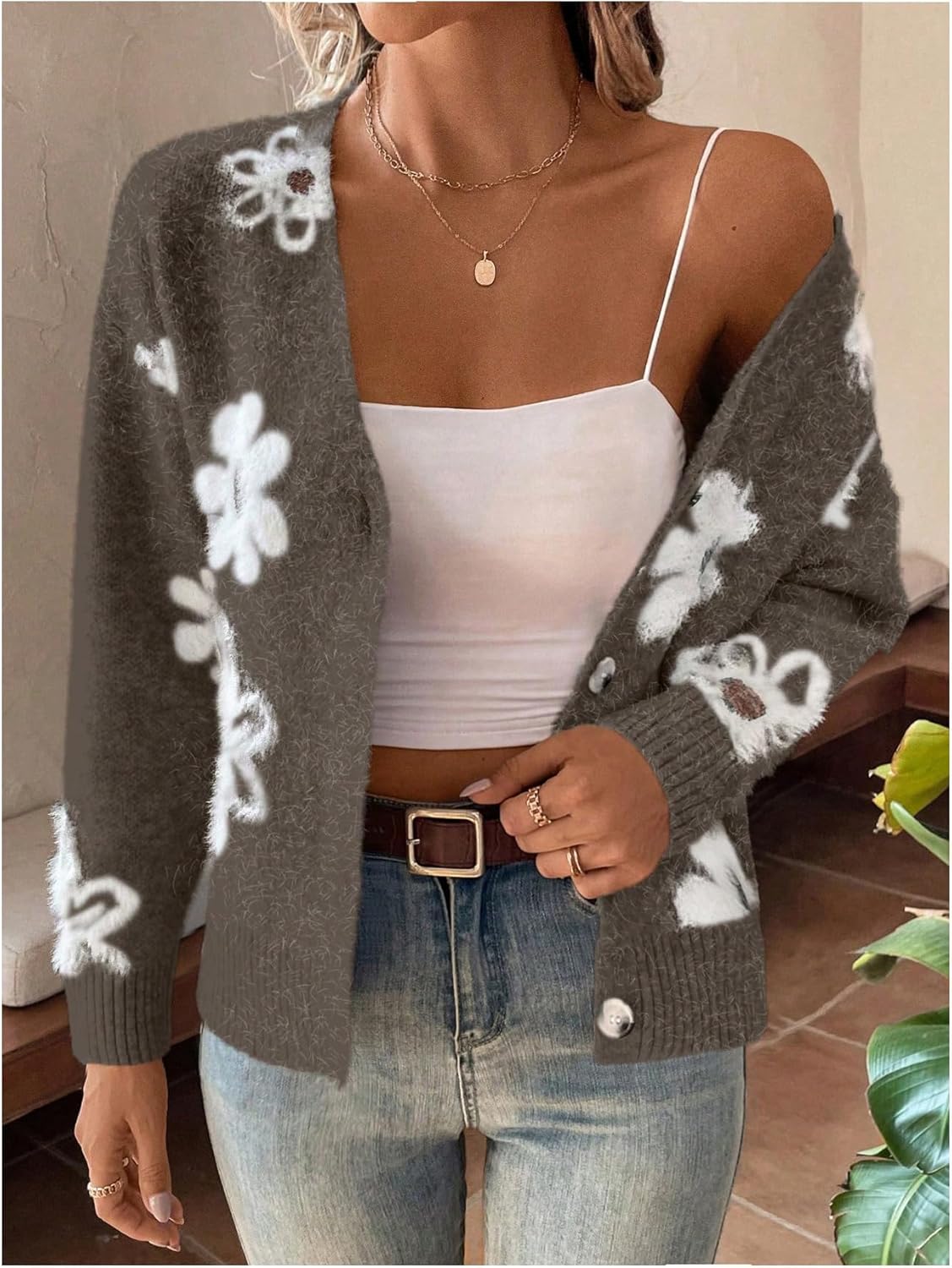 SHENHE Women's Floral Cardigan Sweater Open Front Long Sleeve Button Down Knit Sweater Outerwear - Image 3