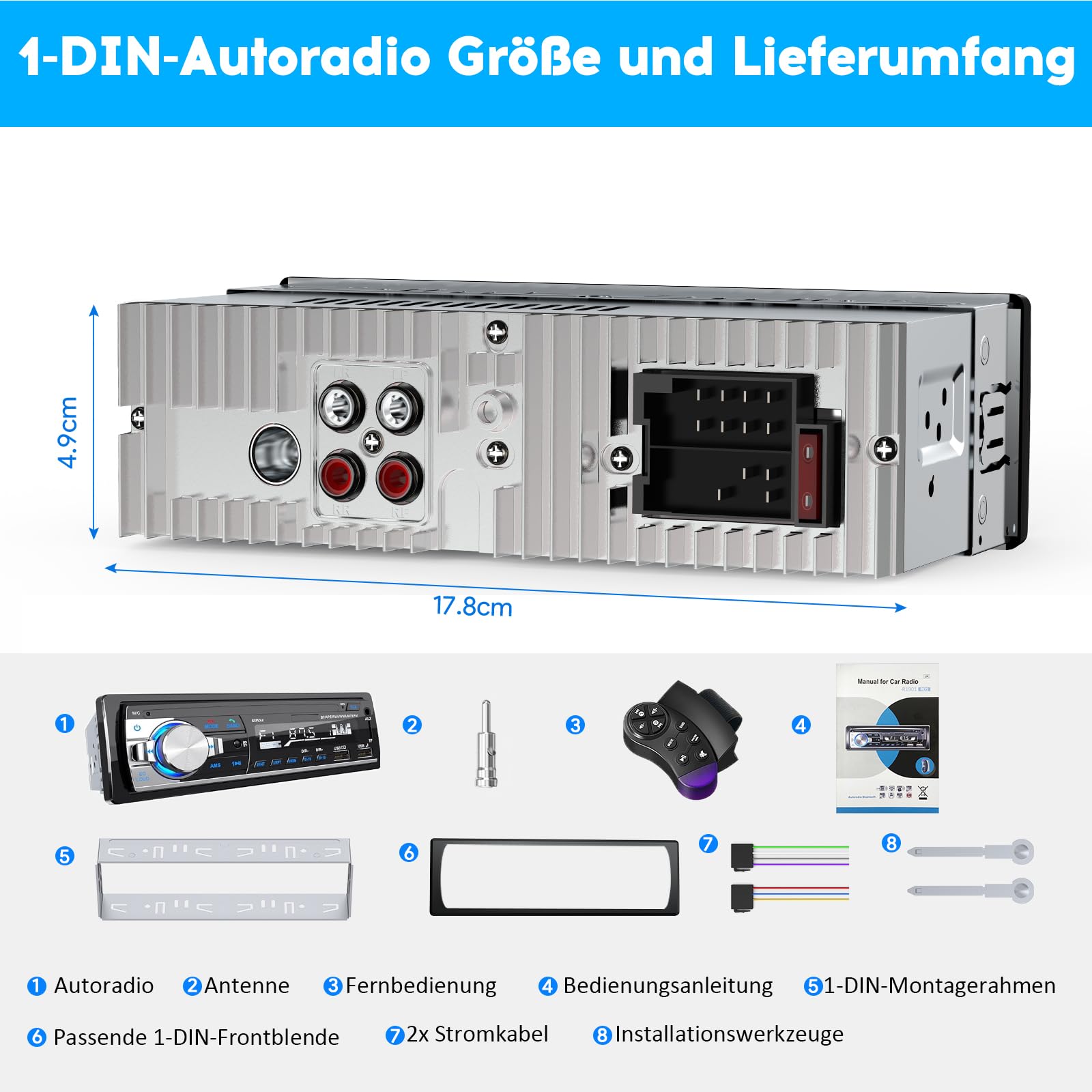 RDS Autoradio Bluetooth 5.0, CENXINY Auto Radio Bluetooth Freisprecheinrichtung, 4x65W 1 Din Autoradio mit Uhr/Fernbedienung MP3 Player unterstützt 2 USB/AUX-Eingänge/TF/SD/FM/iOS Android(Keine CD)