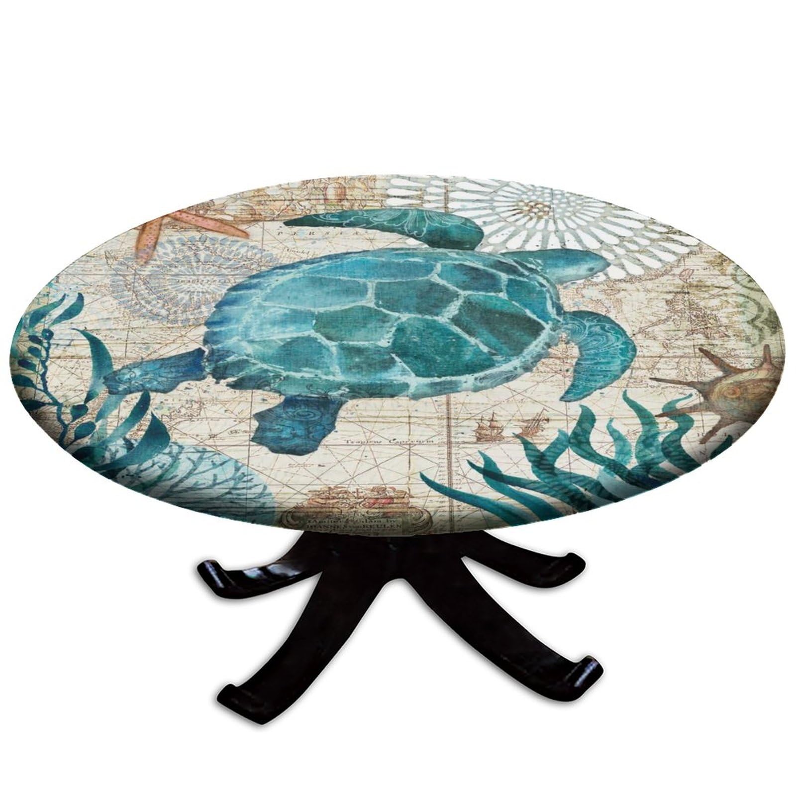 igoga sports Fitted Tablecloth Round with Elastic, Spring Edge Table Cover Pad for Outdoor Picnic Party or Indoor Kitchen Patio Dining Table Decor Fits Tables Up to 36''-40'' Diameter, Turtle-1