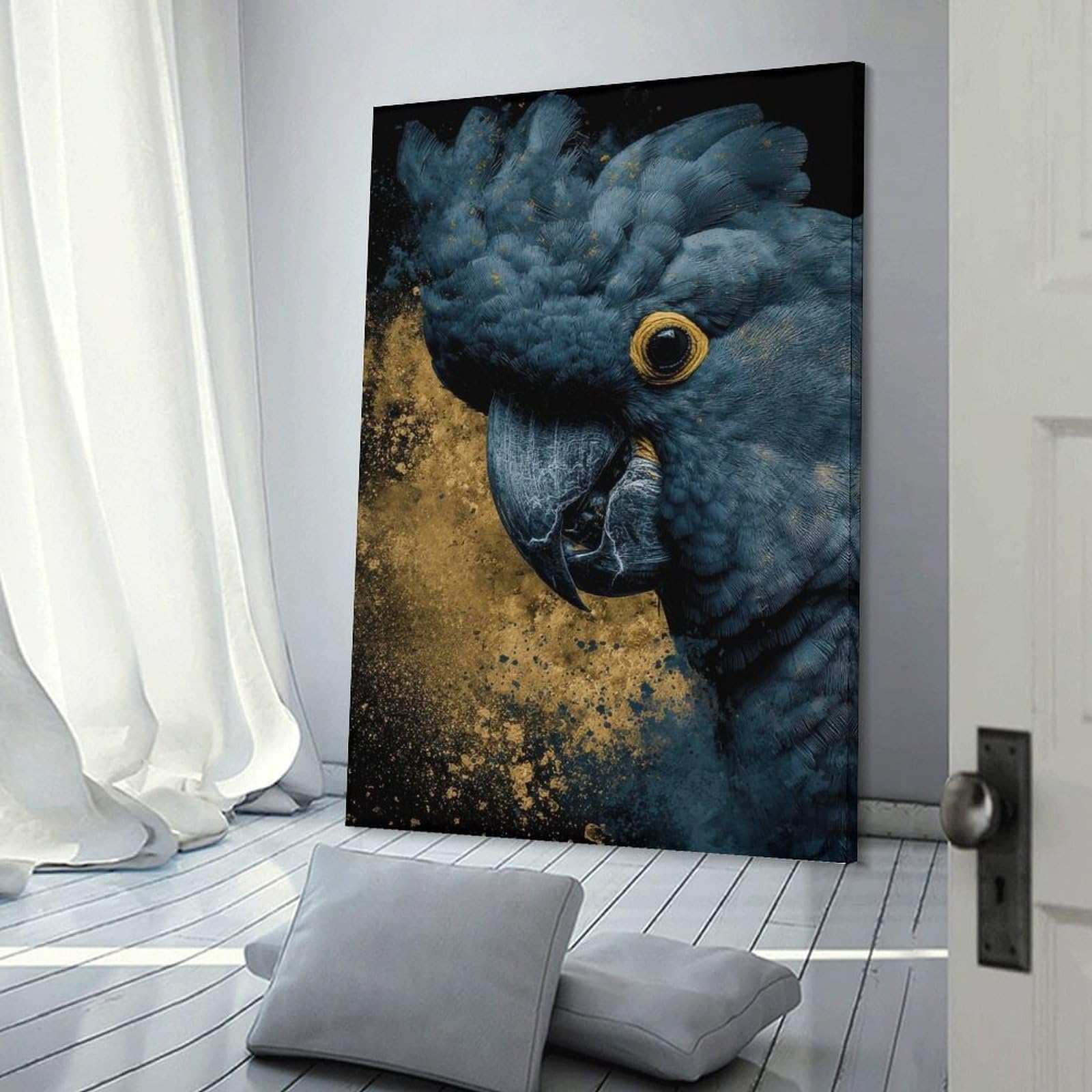 Close-up of A Blue Cockatoo with Gold Splatter Wall Picture Print 24x36inch(60x90cm), for Lounge Decor, Offices Or Entryway Styling, Versatile Wall Decor for Many Rooms