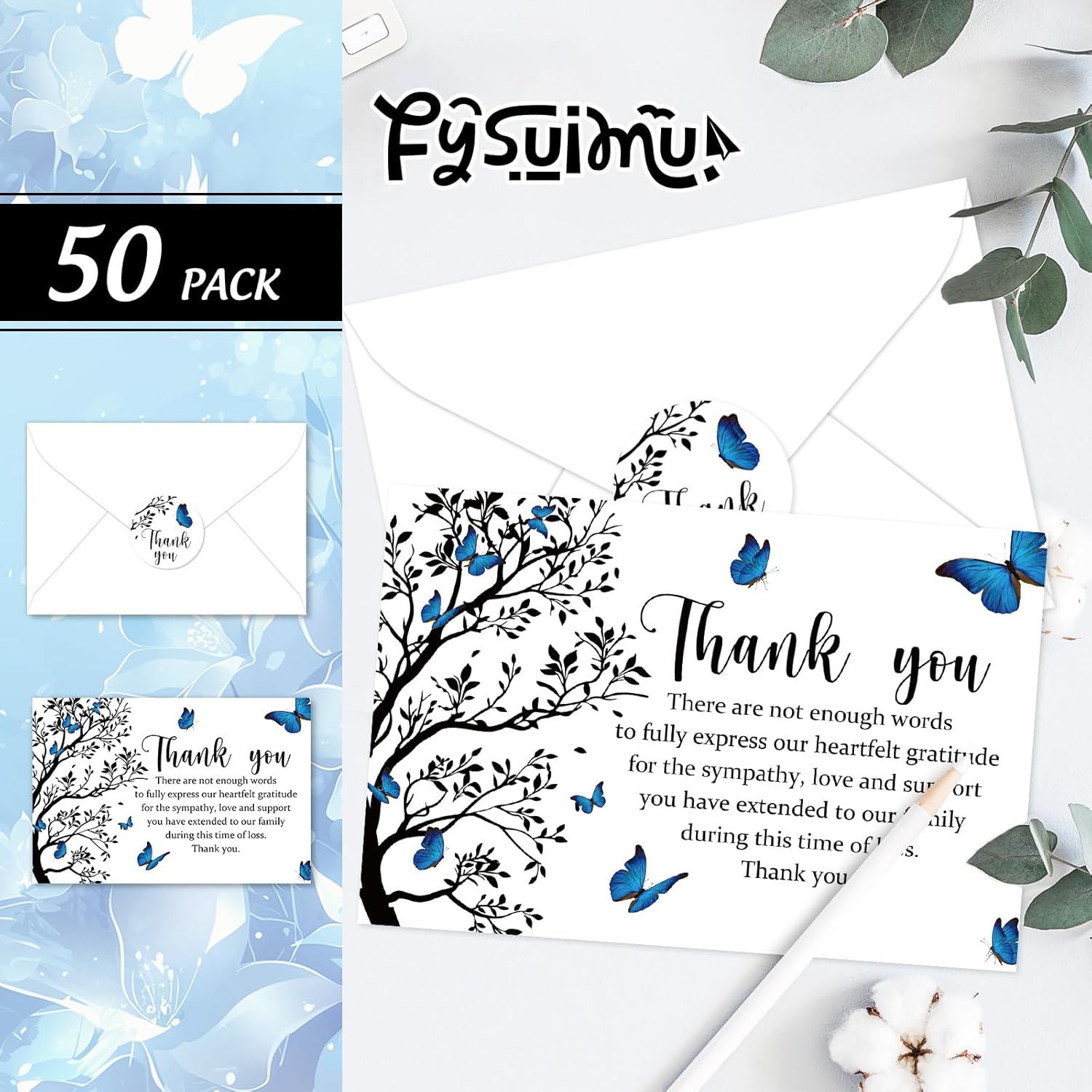 50Pcs Funeral Thank You Cards Boxed Blue Butterfly Branch Sympathy Card with Envelope Sticker Bereavement Cards for Memorial Service Loved Ones Celebration of Life - Image 3