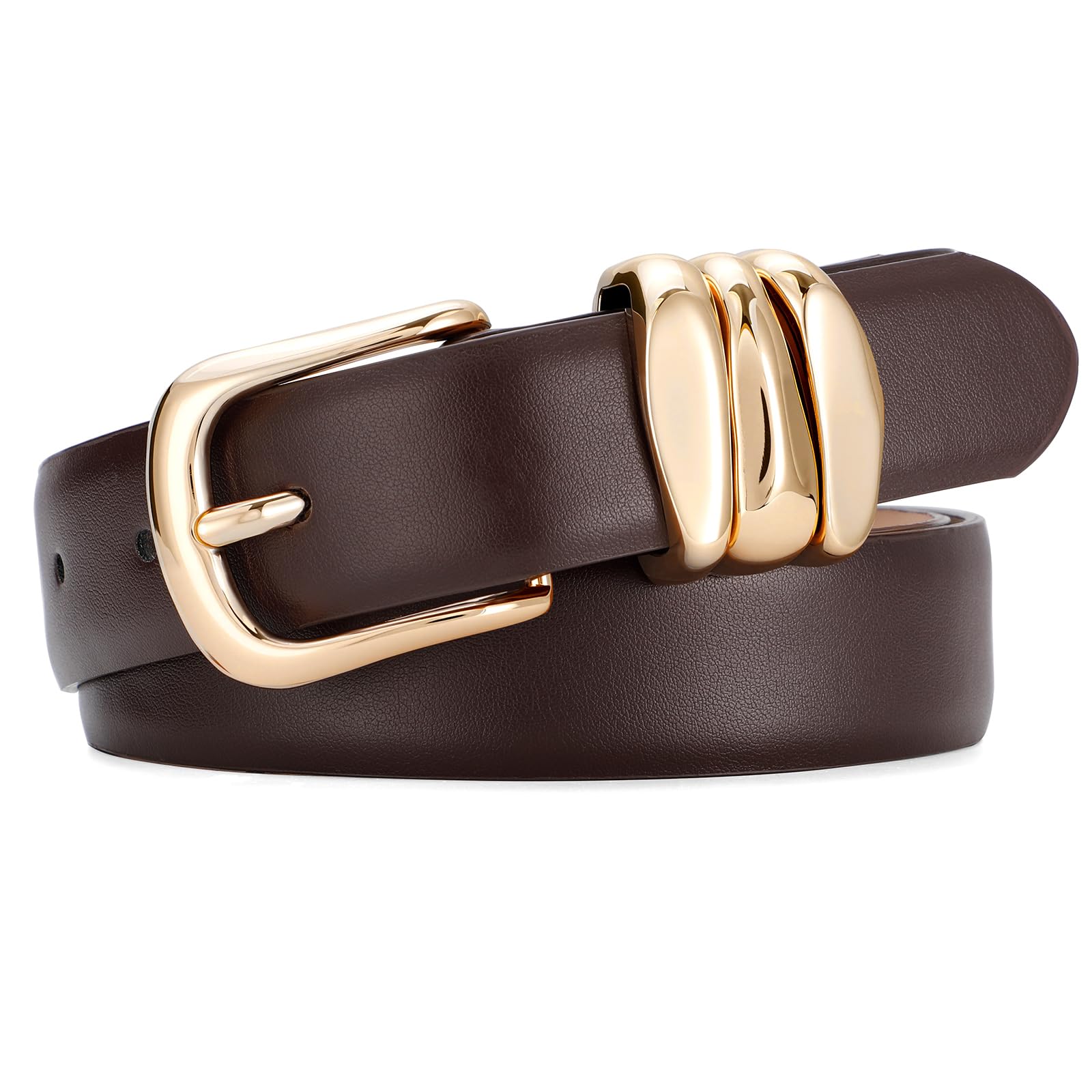 SANSTHS Womens Belt with Statement Triple Gold Keeper Loops Stylish Ladies Waist Belt for Jeans Dresses Formal Wear