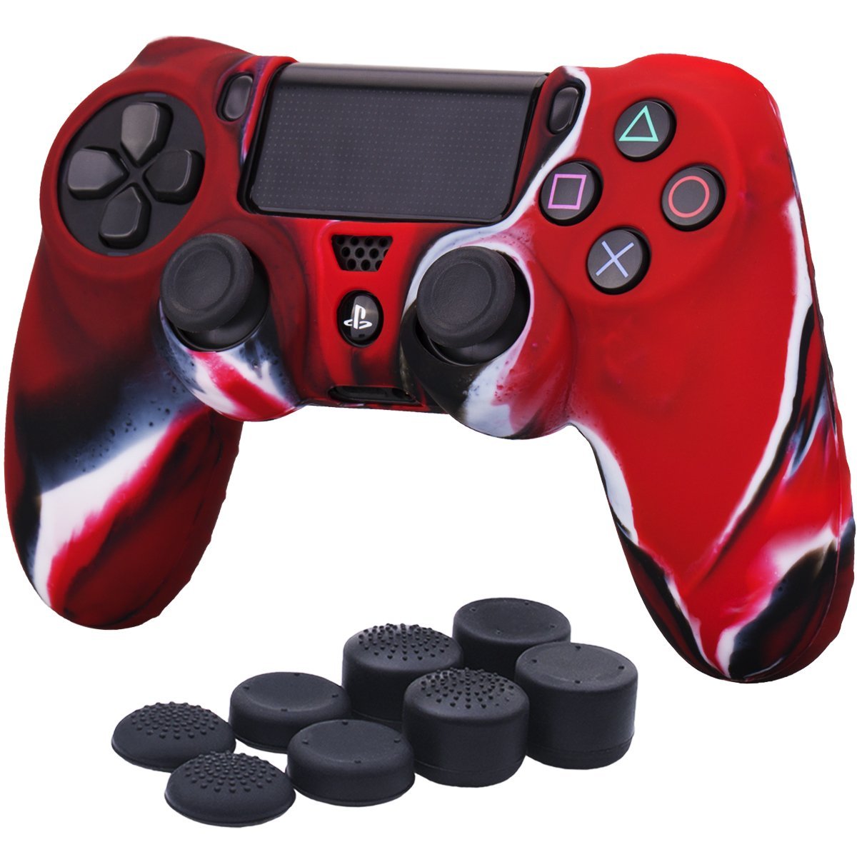 YoRHa Silicone Cover Skin Case for Sony PS4/slim/Pro Dualshock 4 Controller x 1(Camouflage red) with Pro Thumb Grips x 8