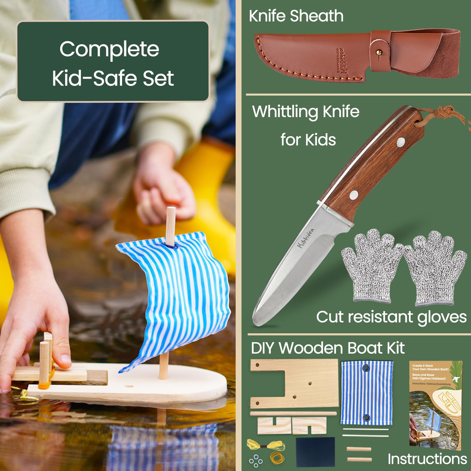 Kibbidea Schnitzmesser für Kinder, Edelstahl, Sicheres Taschenmesser, Lindenholz, Schnitzen-Komplett-Set, Kindermesser, Bastel-Set für Kinder ab 8 Jahre