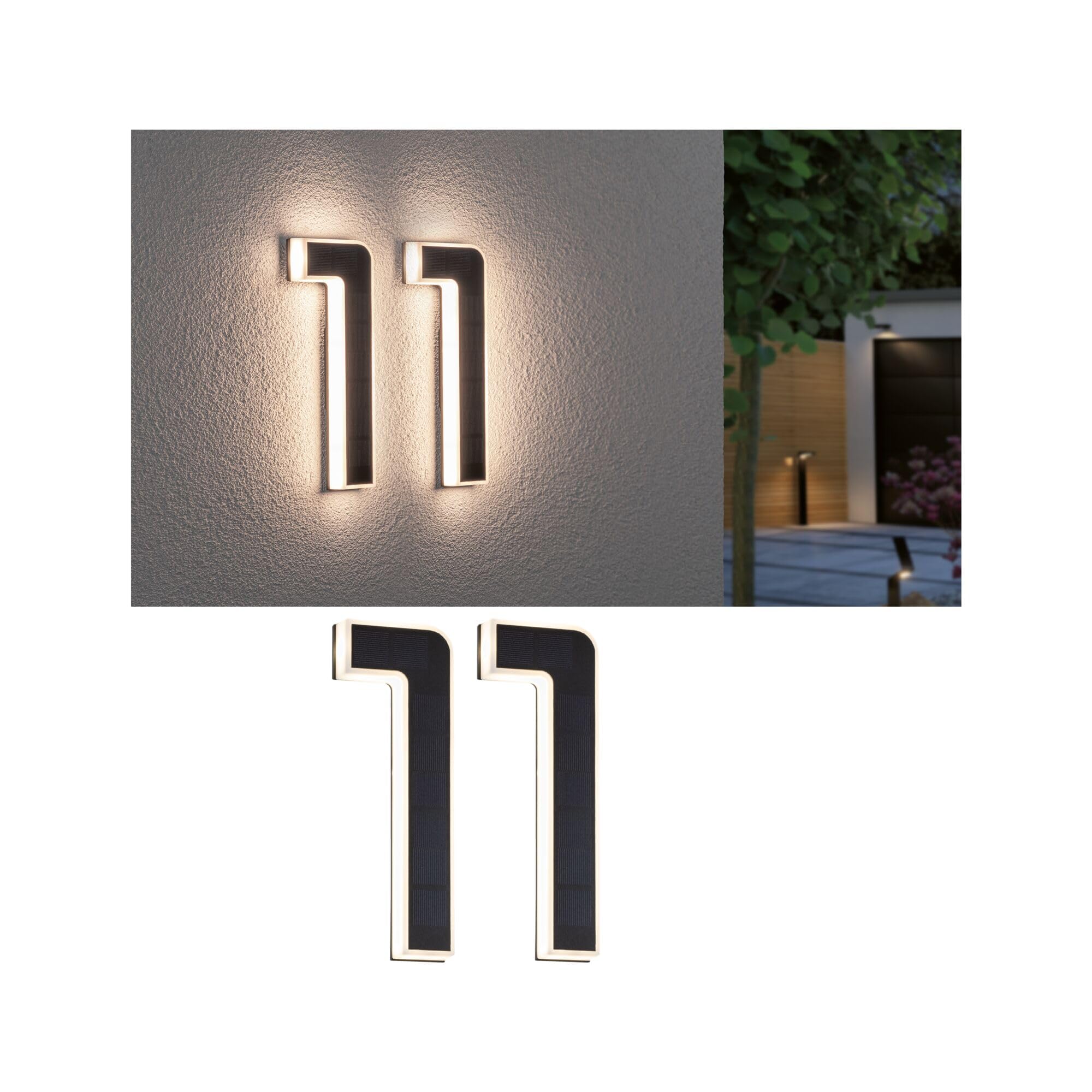 Paulmann 5291 Set Solar LED Hausnummernleuchte inkl. wechselbarer Akku Nummer 11 3000K 2x6lm 2x0,2W Schwarz
