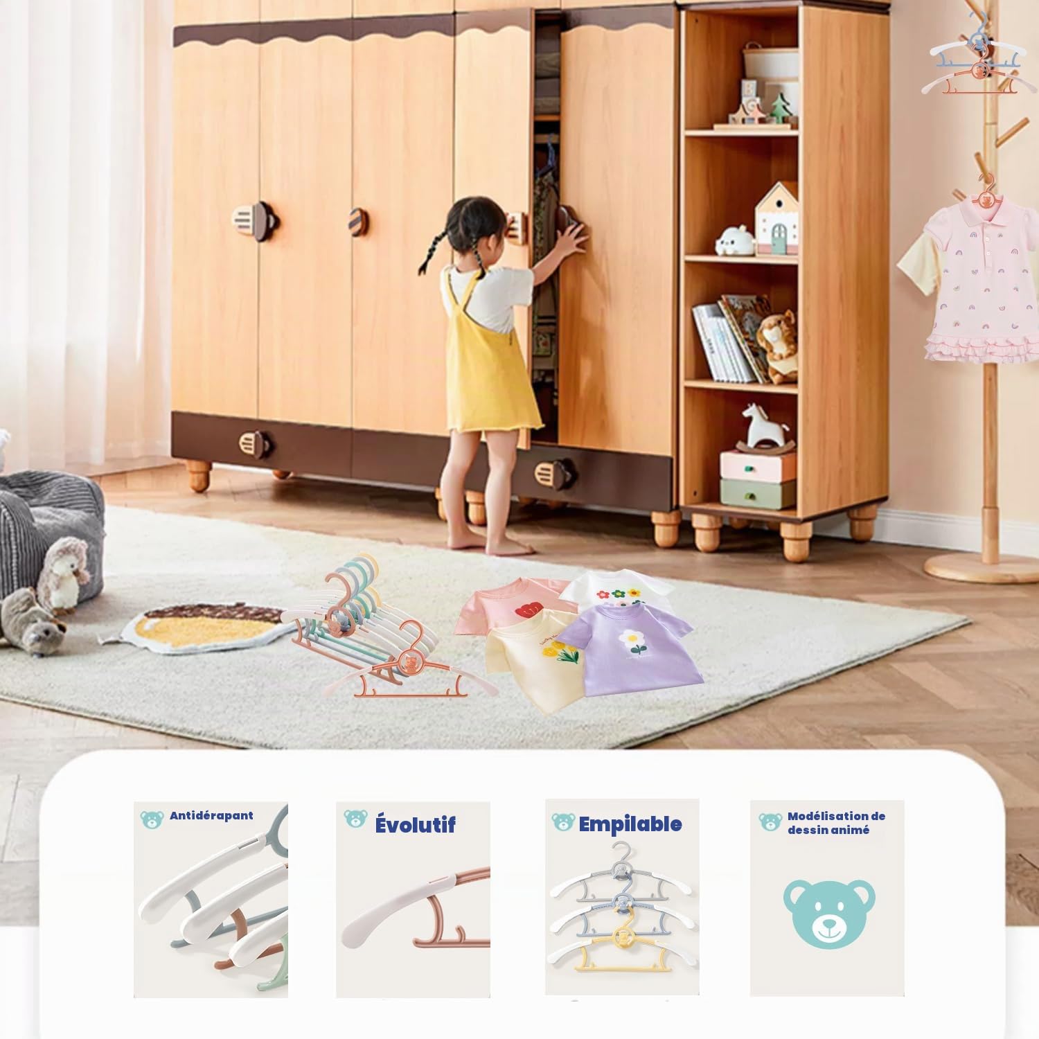 JSF Lot de 20 cintres empilables pour enfants - Avec crochets d'ours - Antidérapants - Pour vêtements d'enfants - Pour bébé - Peu encombrant (bleu + blanc)