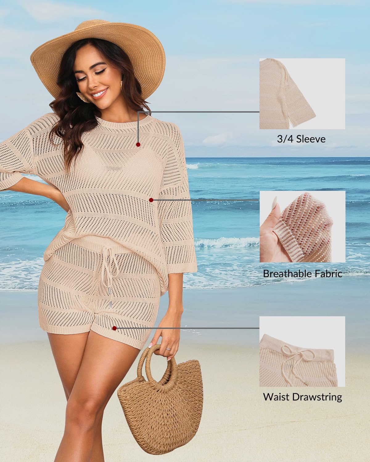 Women's Two Piece Coverup Set - Crochet Beach Cover Ups with Shorts Half Sleeve Swimsuit Bathing Suit Coverups - Image 6